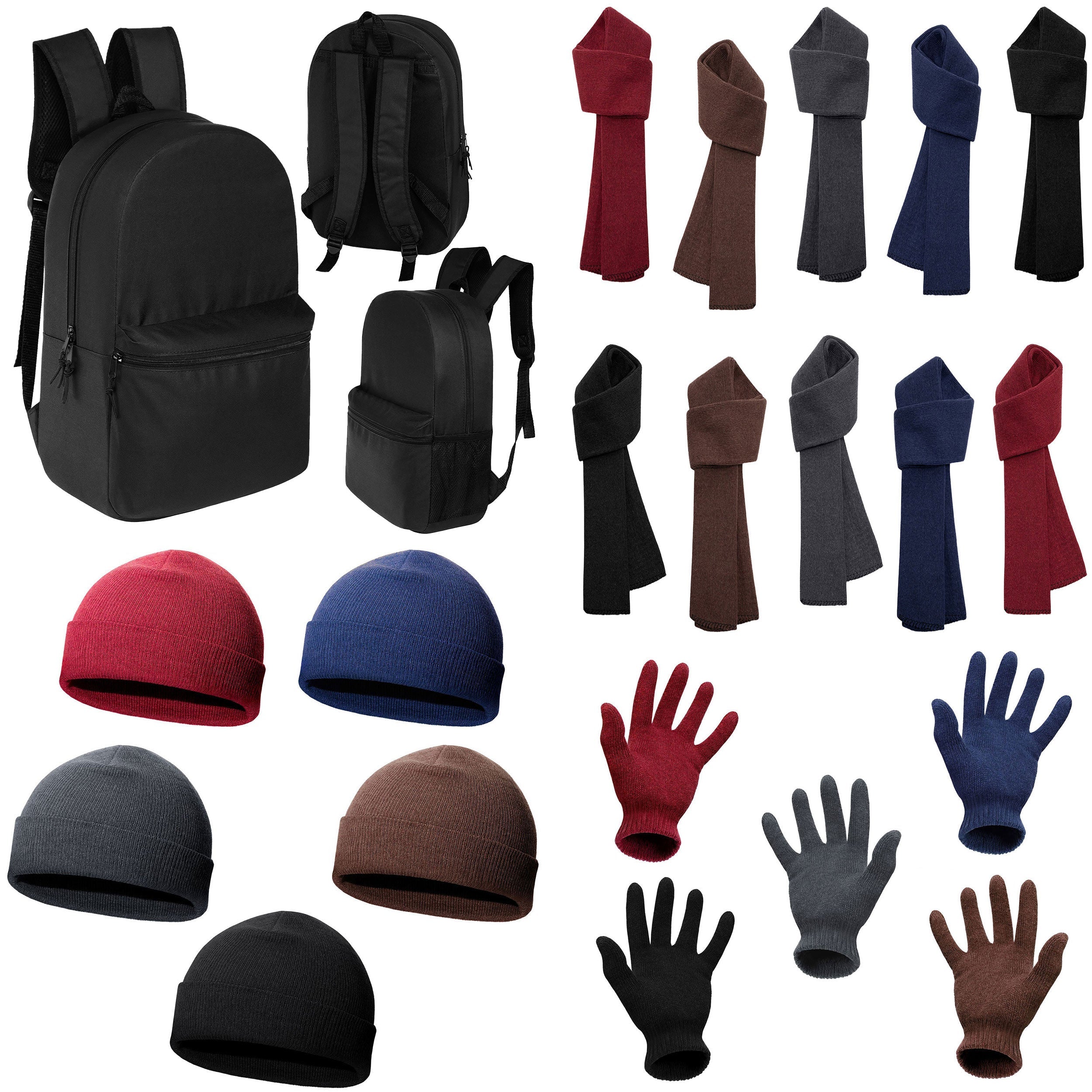 12 Wholesale 18.5" Basic Backpacks in Black & Your Choice of 12 Winter Item Sets - Wholesale Care Package: Homeless, Emergency, Charity