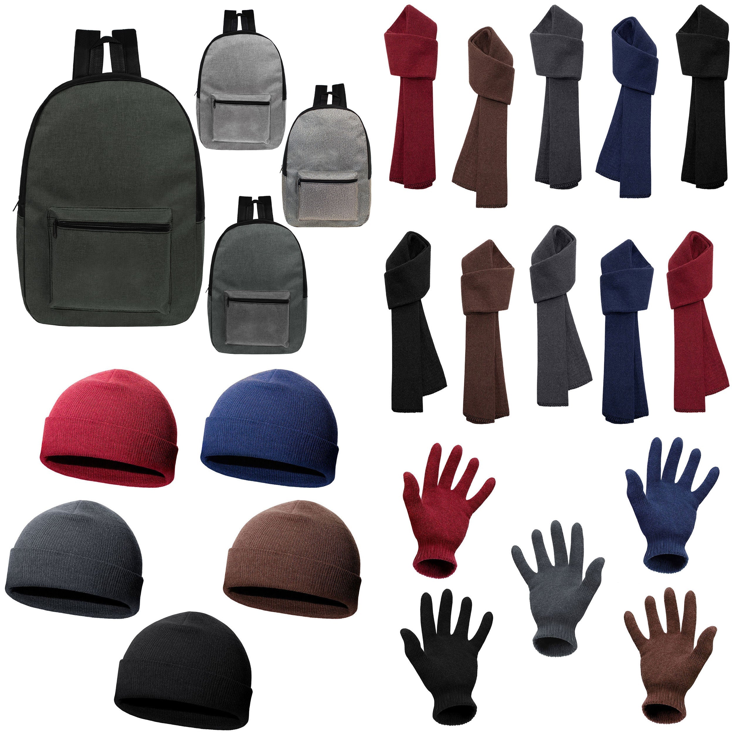 12 Basic 17" Backpacks in Assorted Colors & Your Choice of 12 Winter Item Sets - Wholesale Care Package: Homeless, Emergency, Charity