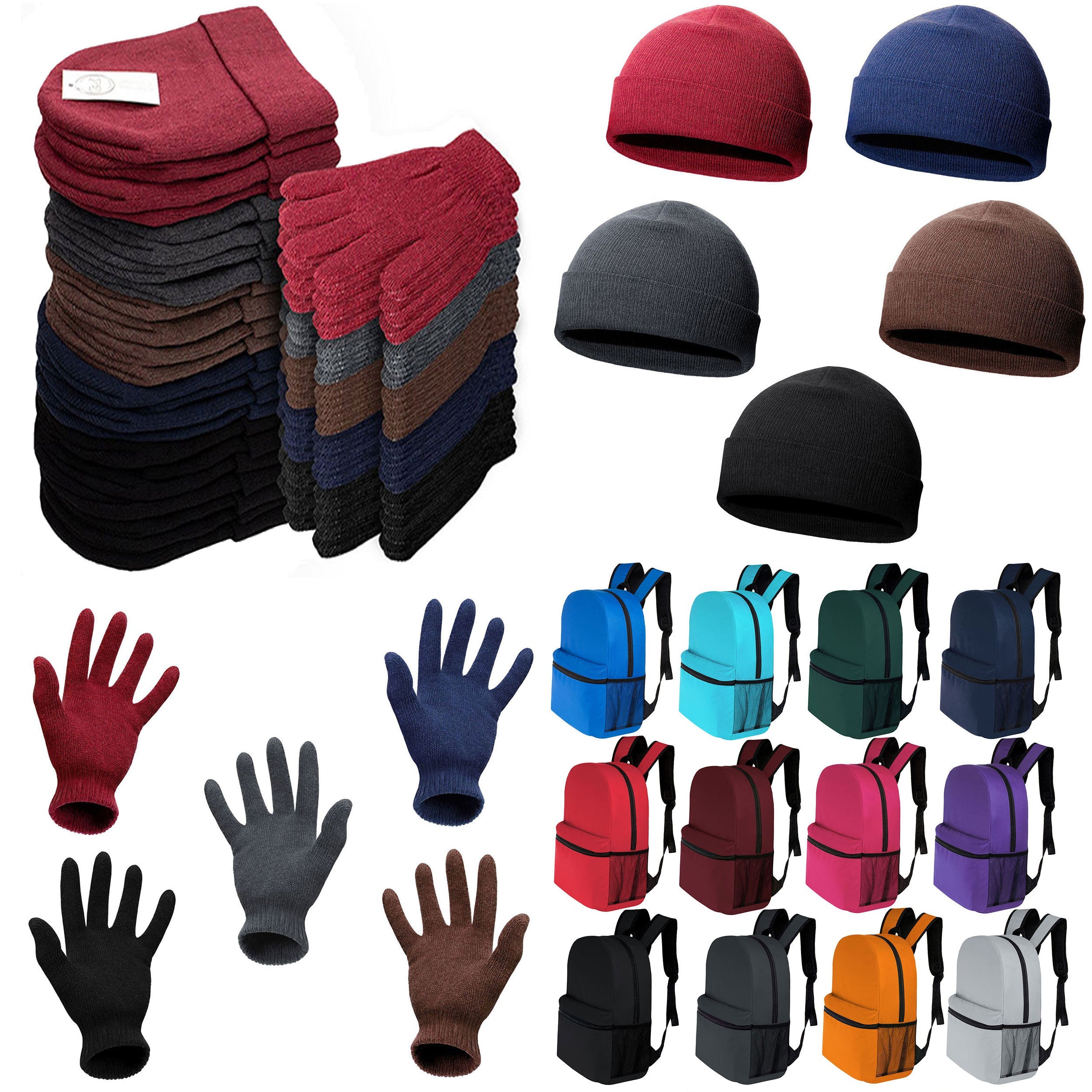 12 Classic 16" Backpacks in 12 Different Colors & Your Choice of 12 Winter Item Sets - Wholesale Care Package: Homeless, Emergency, Charity
