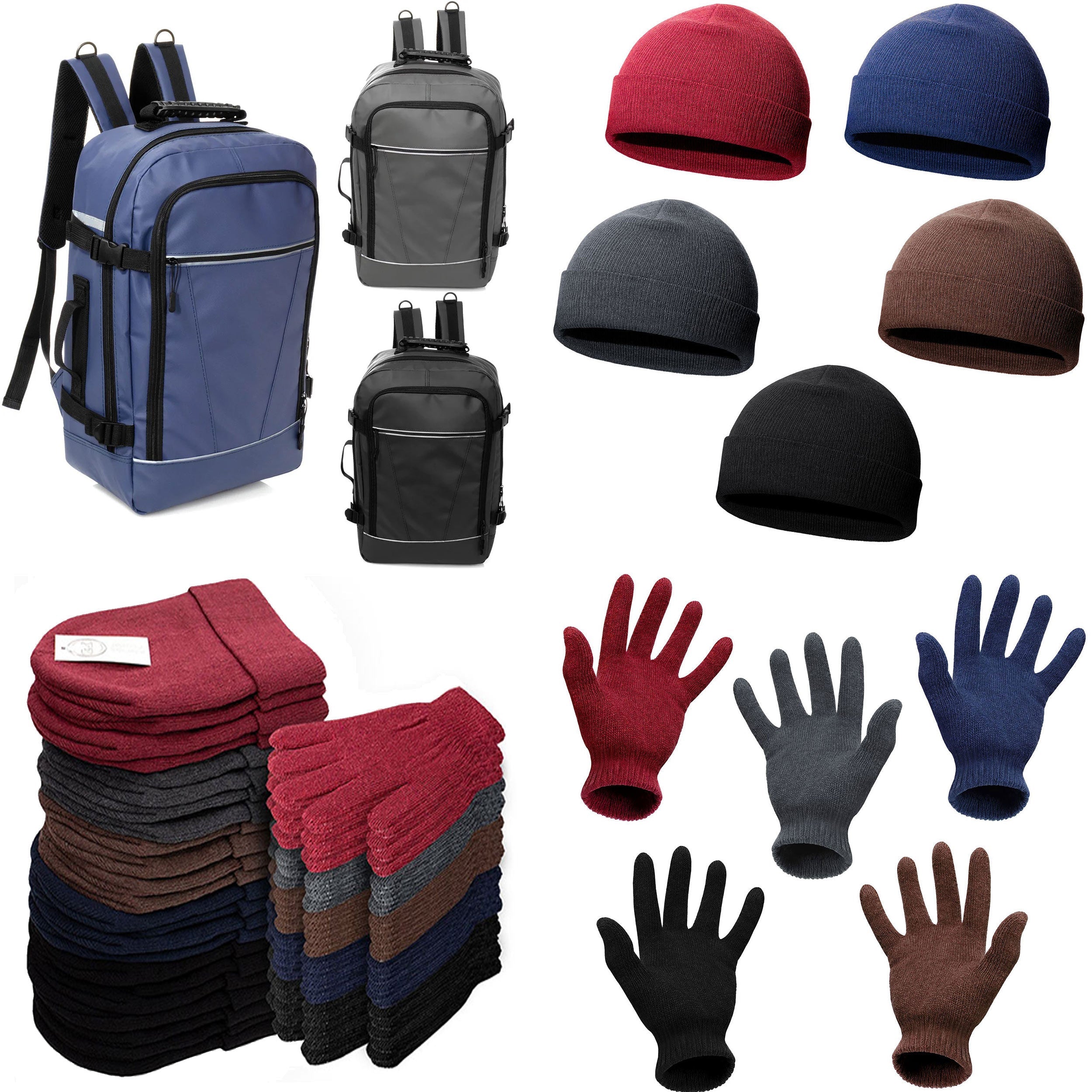 12 Travel 18" Backpacks in 3 Colors & Your Choice of 12 Winter Item Sets - Wholesale Care Package: Homeless, Emergency, Charity