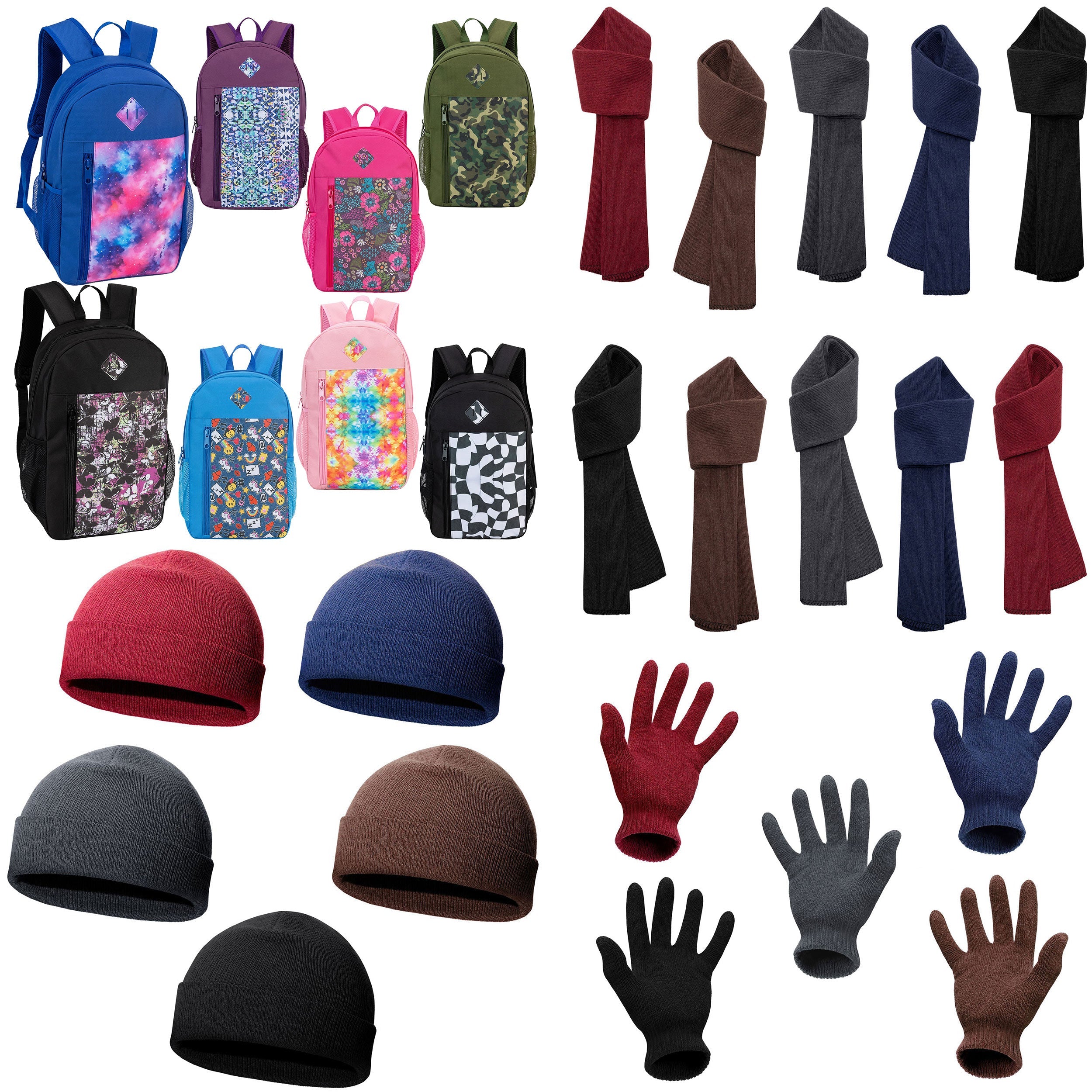12 Patterned 19" Backpacks & Your Choice of 12 Winter Item Sets - Wholesale Care Package: Homeless, Emergency, Charity