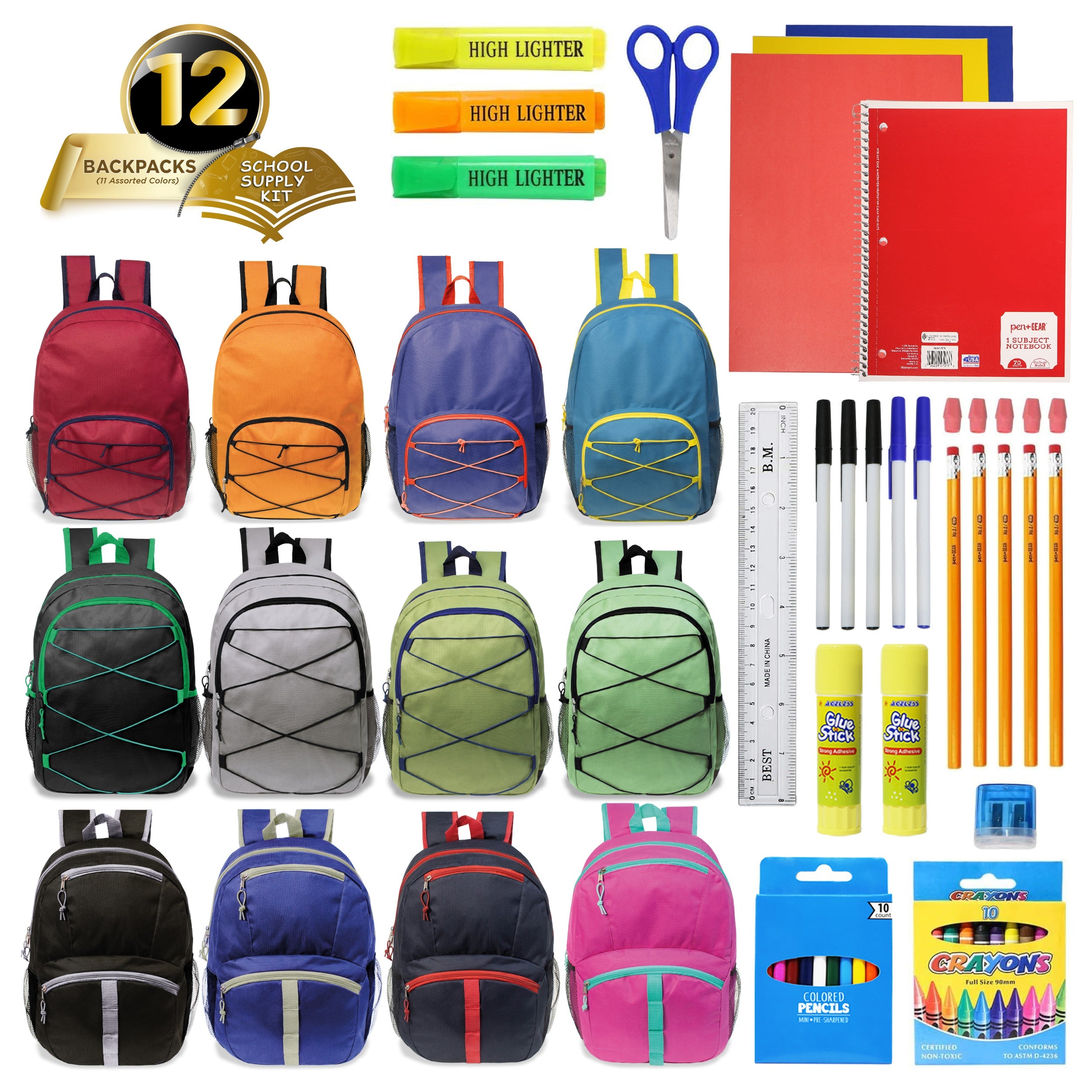 12 Wholesale Backpacks in Assorted Colors with 12 Bulk School Supply Kits of Your Choice