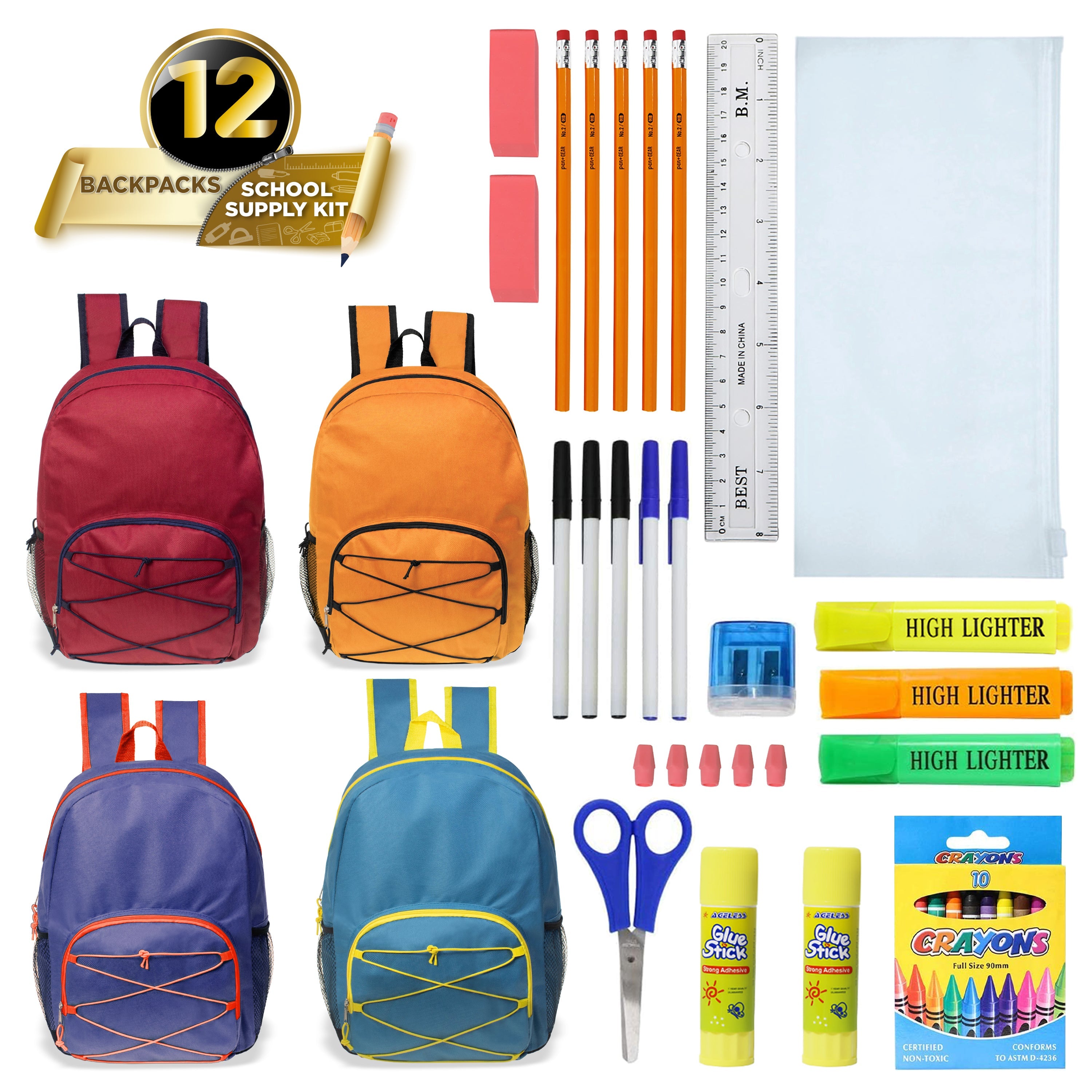 12 Wholesale Backpacks in Assorted Colors with 12 Bulk School Supply Kits of Your Choice