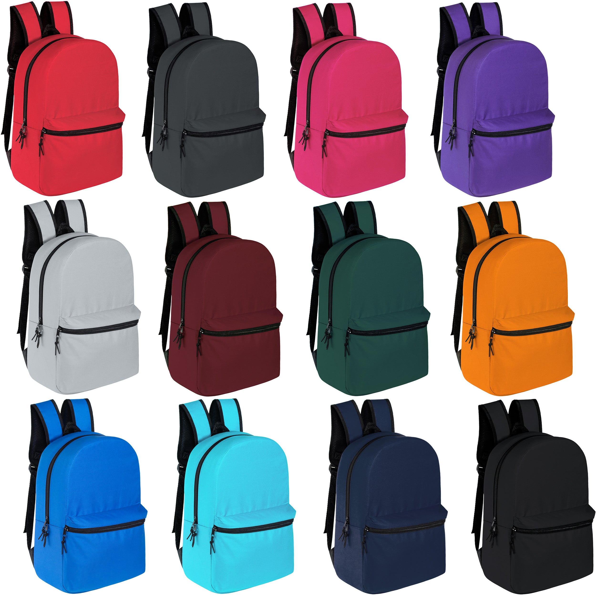 15" Kids Basic Wholesale Backpack in 12 Colors- Bulk Case of 24