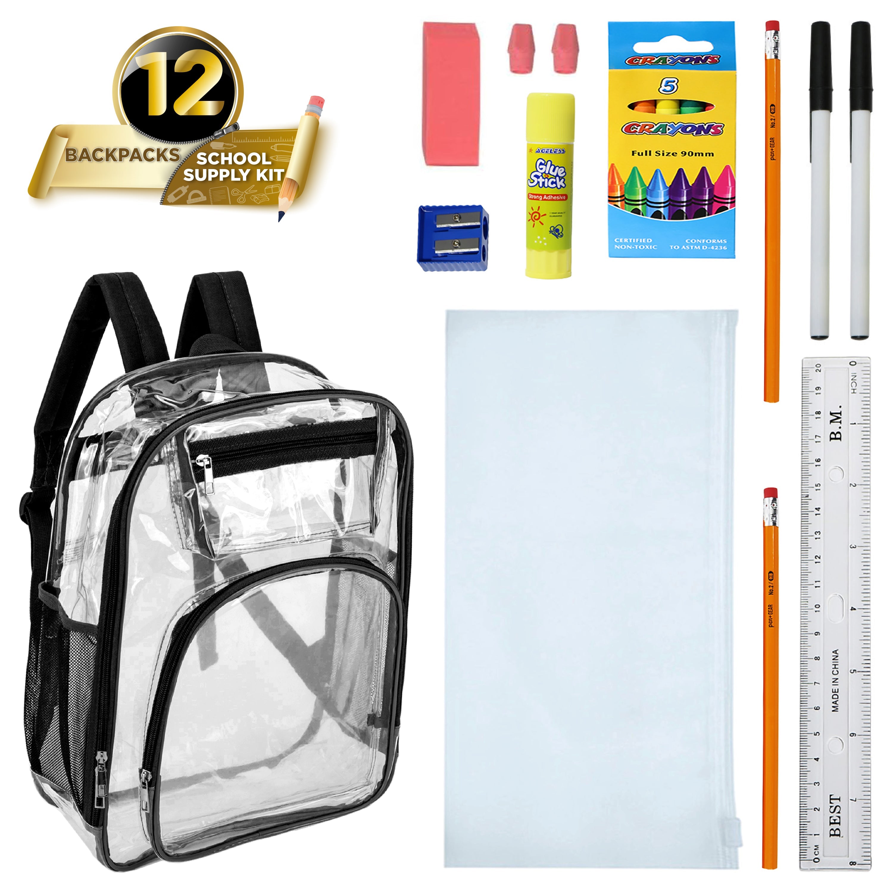 17" Premium Wholesale Clear Backpacks w/Black Trim & 12 Bulk School Supply Kits of Your Choice