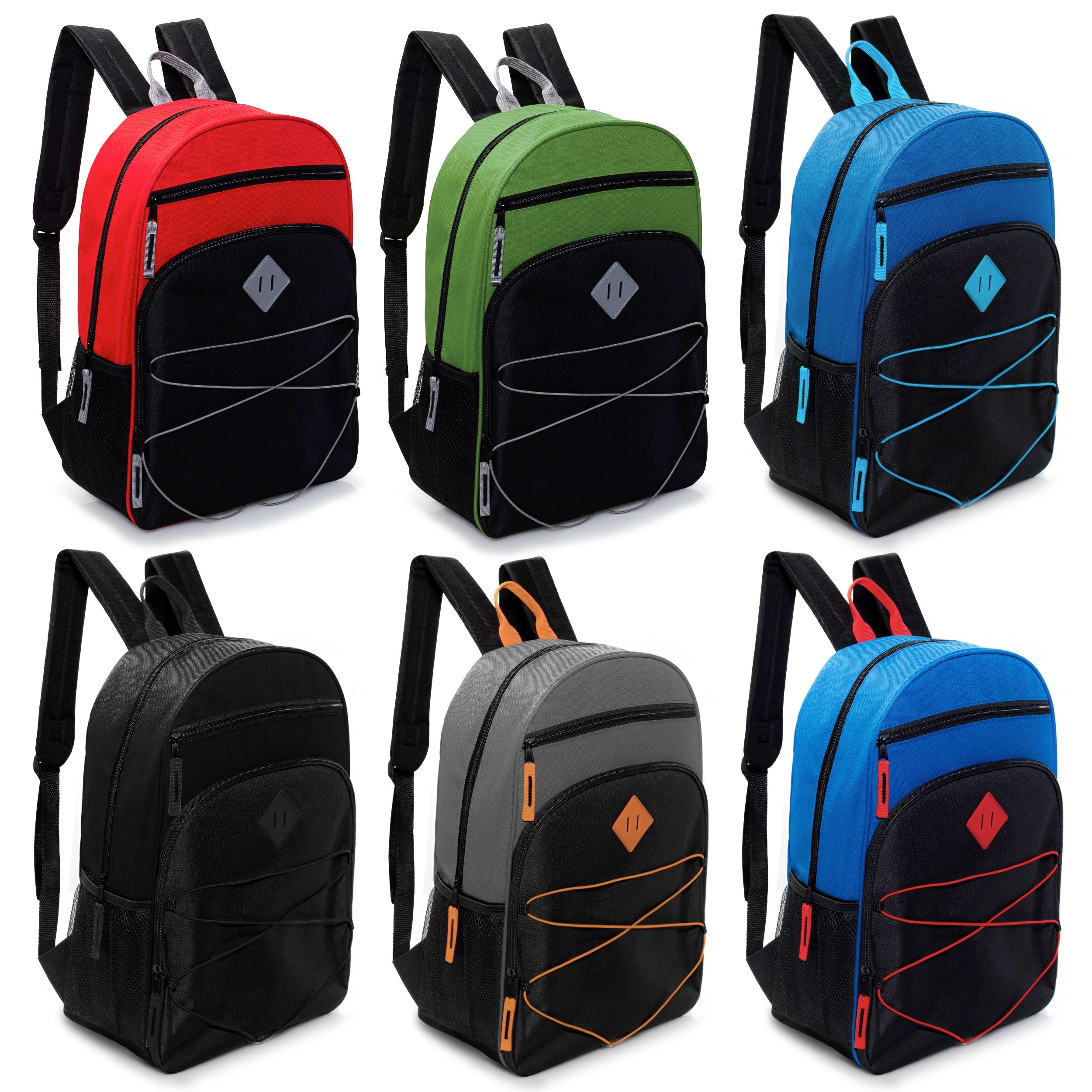 12 Wholesale 17" Bungee Backpacks w/Side Pockets & 12 Bulk School Supply Kits of Your Choice