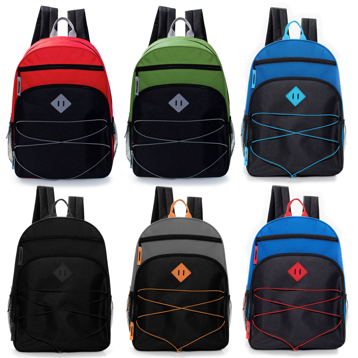 12 Bungee Style 17" Backpacks w/Side Pockets & Your Choice of 12 Bulk Hygiene Kits - Wholesale Care Package: Homeless, Emergency, Charity