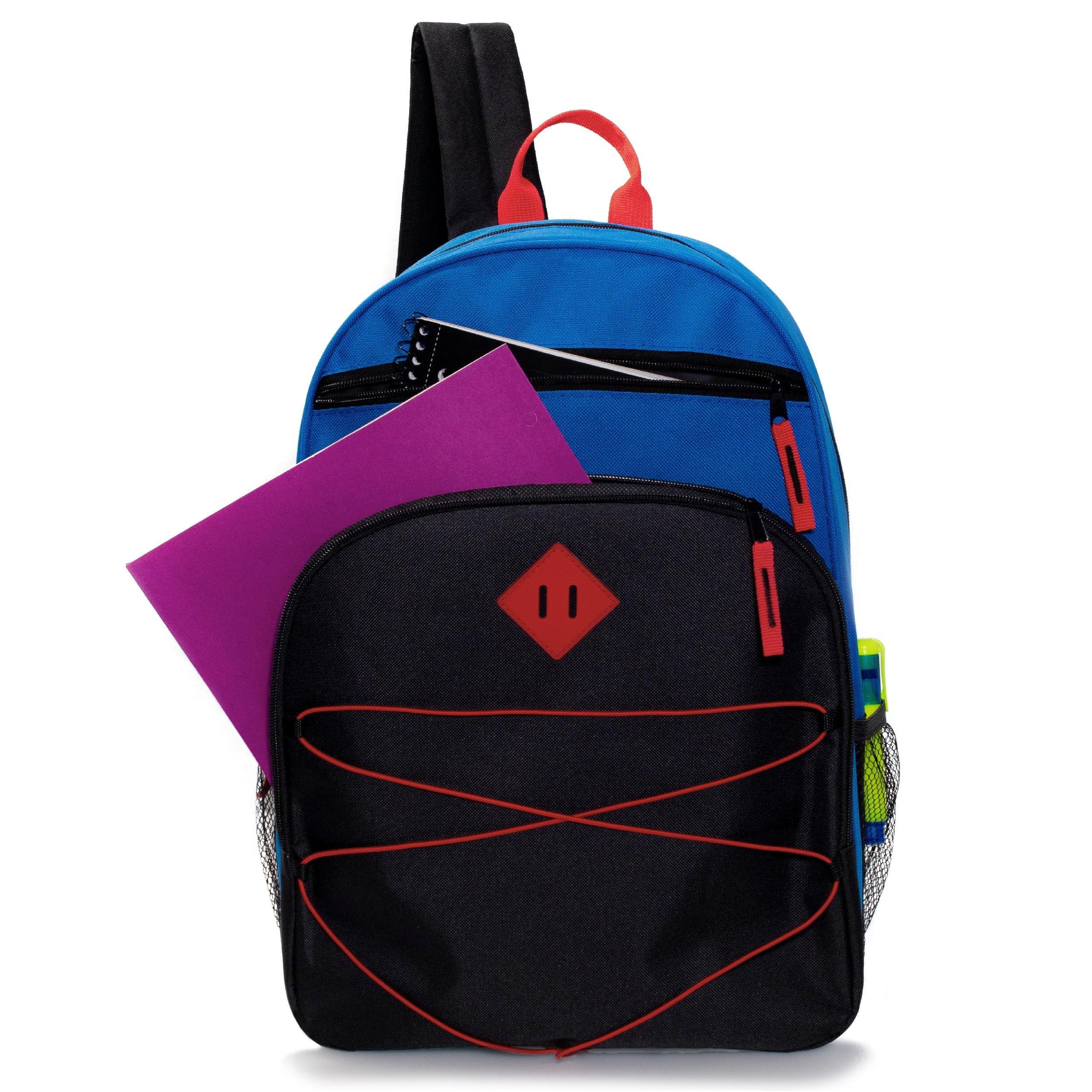 12 Wholesale 17" Bungee Backpacks w/Side Pockets & 12 Bulk School Supply Kits of Your Choice