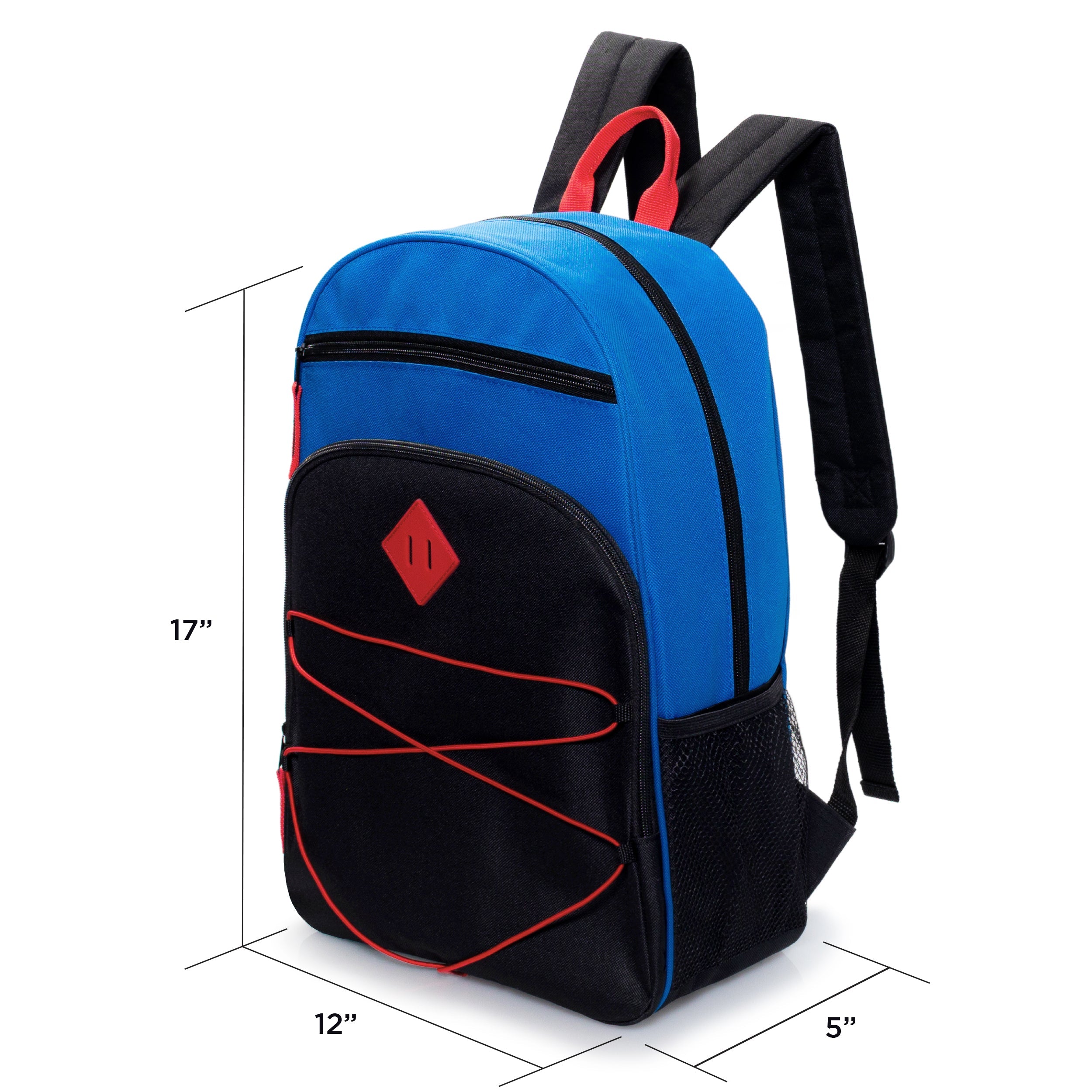 12 Wholesale 17" Bungee Backpacks w/Side Pockets & 12 Bulk School Supply Kits of Your Choice