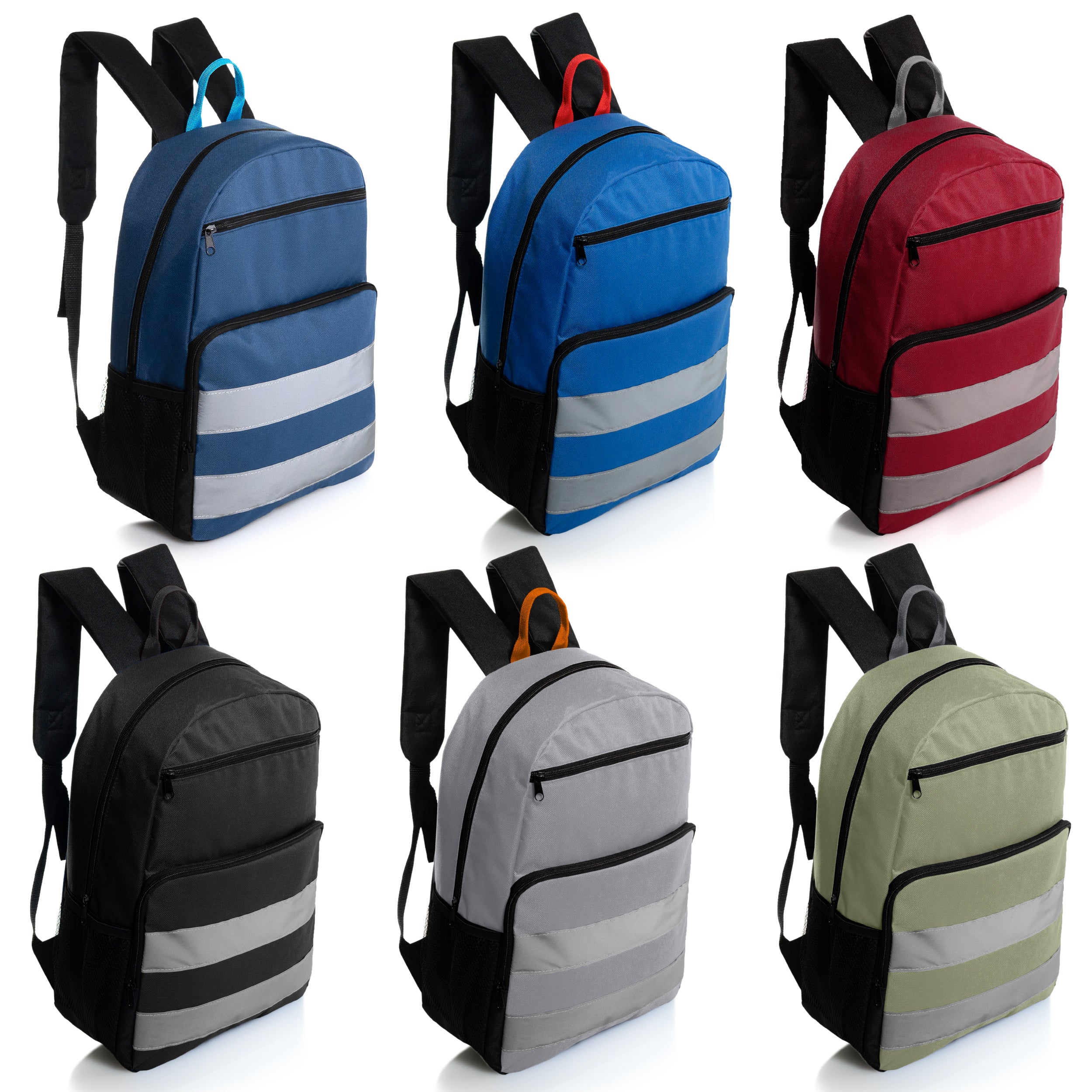 17" Wholesale Backpack with Reflective Stripes in 6 Colors - 2 Side Pockets - Bulk Case of 24 Bookbags