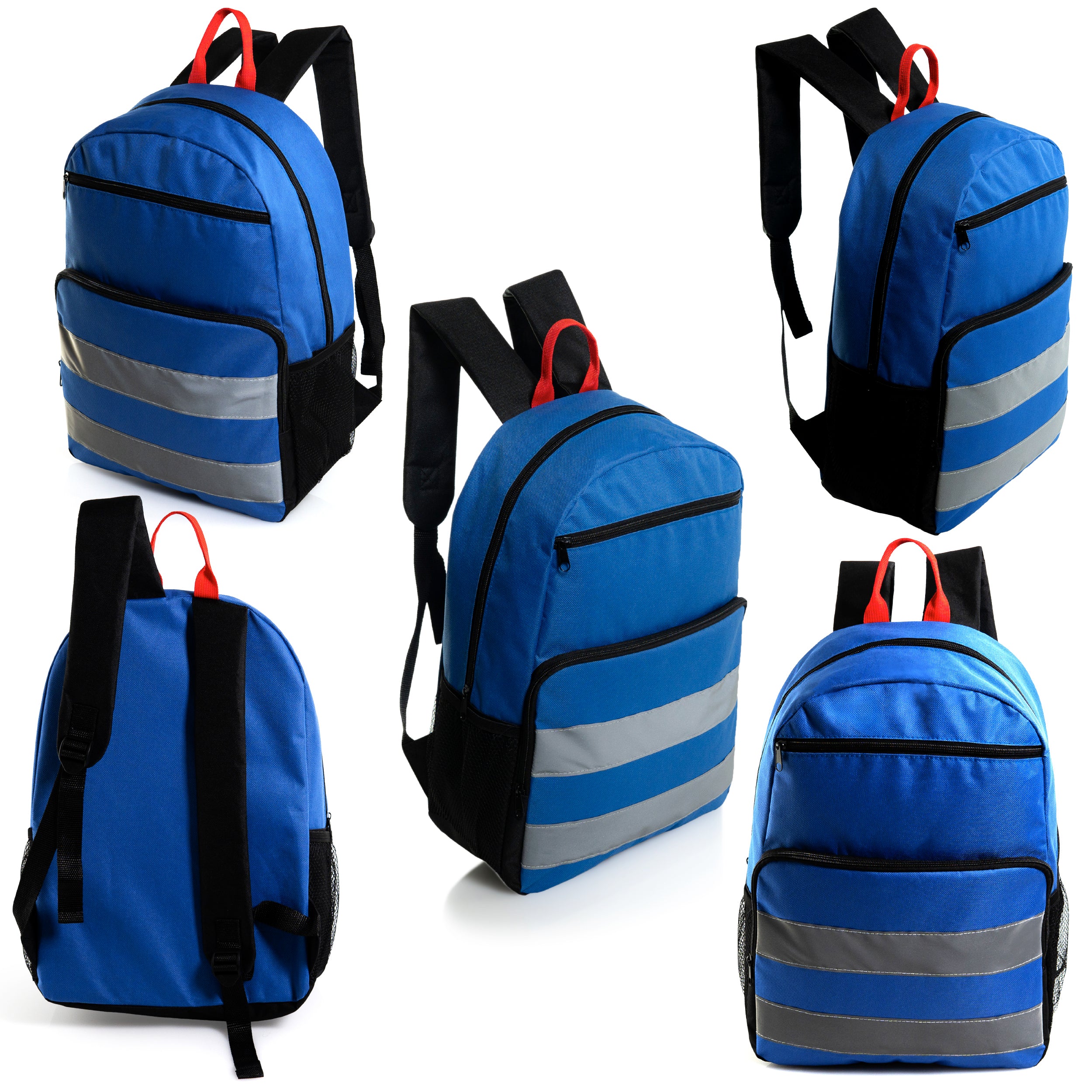 17" Wholesale Backpack with Reflective Stripes in 6 Colors - 2 Side Pockets - Bulk Case of 24 Bookbags
