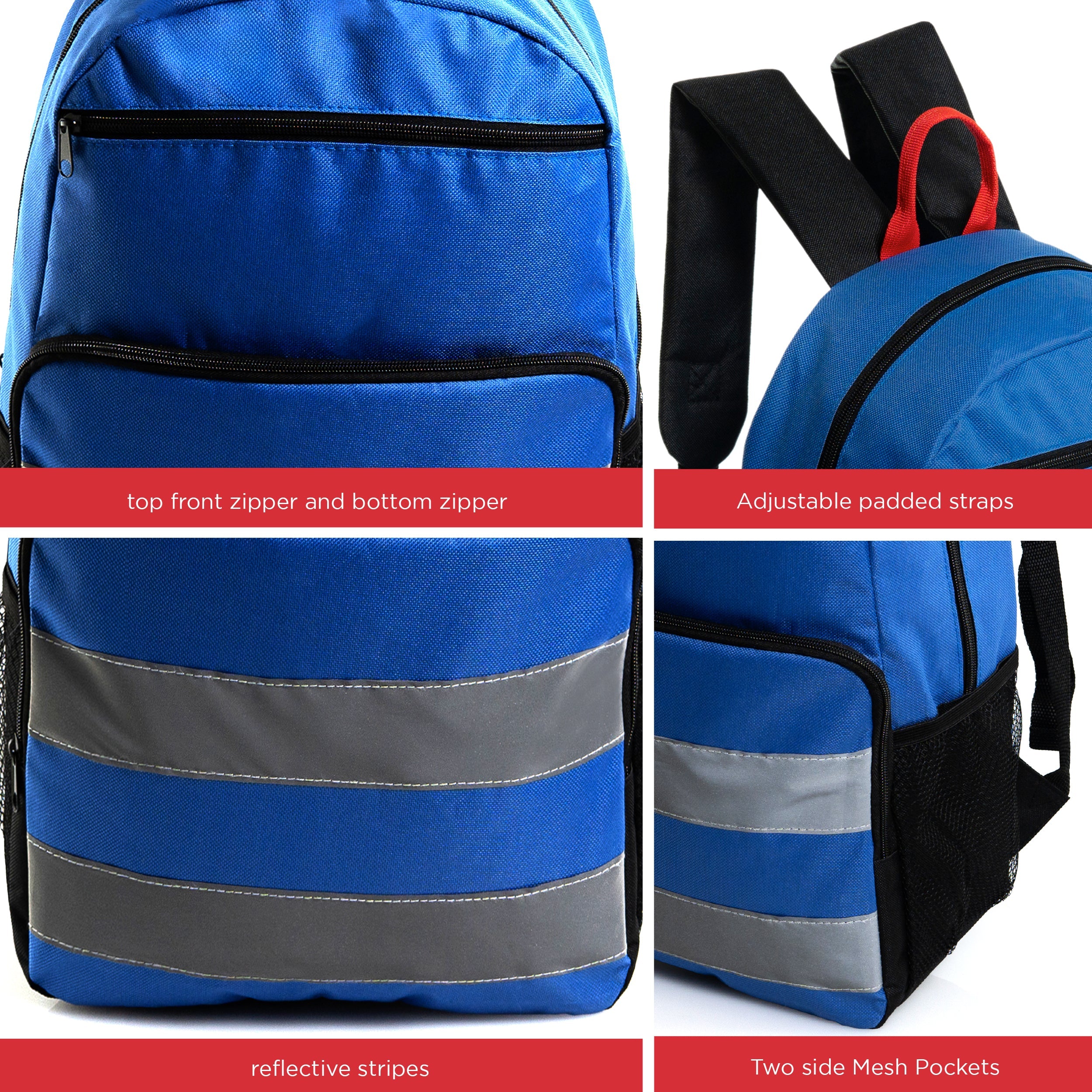 12 Wholesale 17" Reflective Backpacks in Assorted Colors & 12 Bulk School Supply Kits of Your Choice