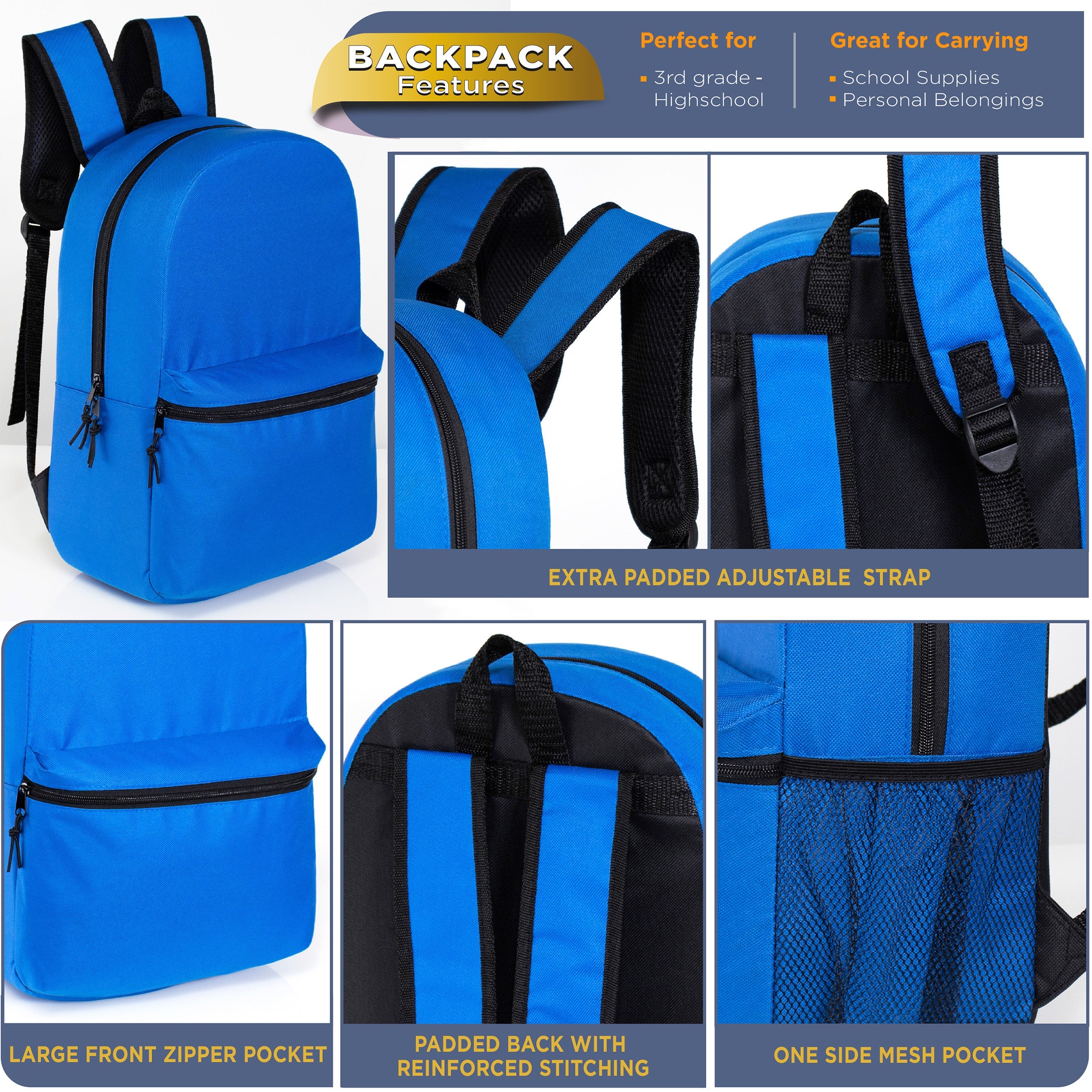 16" Kids Basic Wholesale Backpack in 12 Colors With Side Pocket - Bulk Case of 24 Backpacks