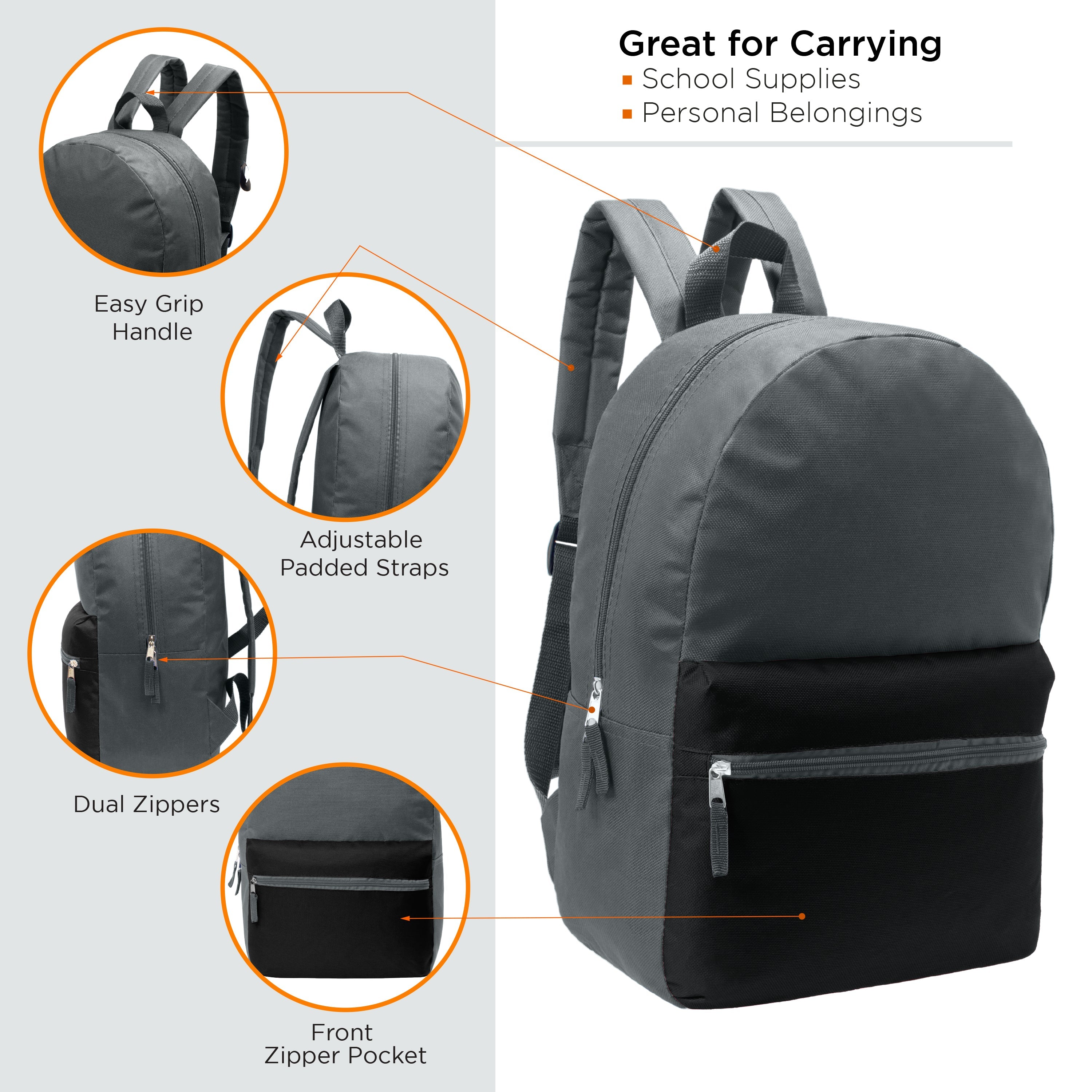 12 Multi Color Kids Basic Backpacks in Assorted Colors & 12 Bulk School Supply Kits of Your Choice