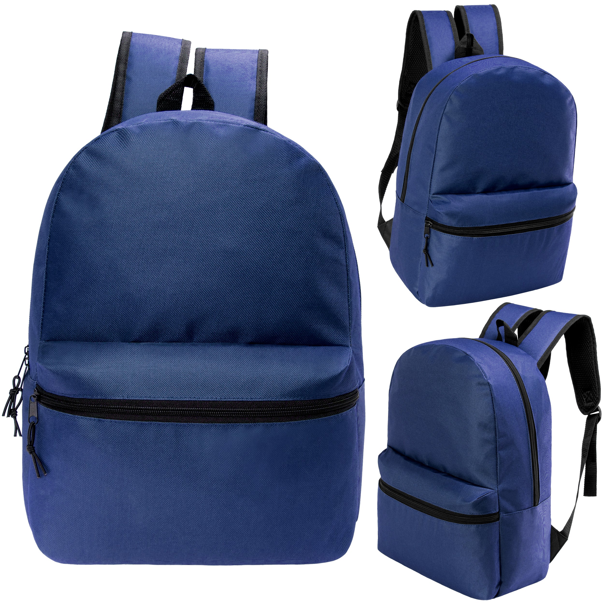 12 17" Classic Backpacks in Navy Blue & Your Choice of 12 Bulk Hygiene Kits - Wholesale Care Package: Homeless, Emergency, Charity