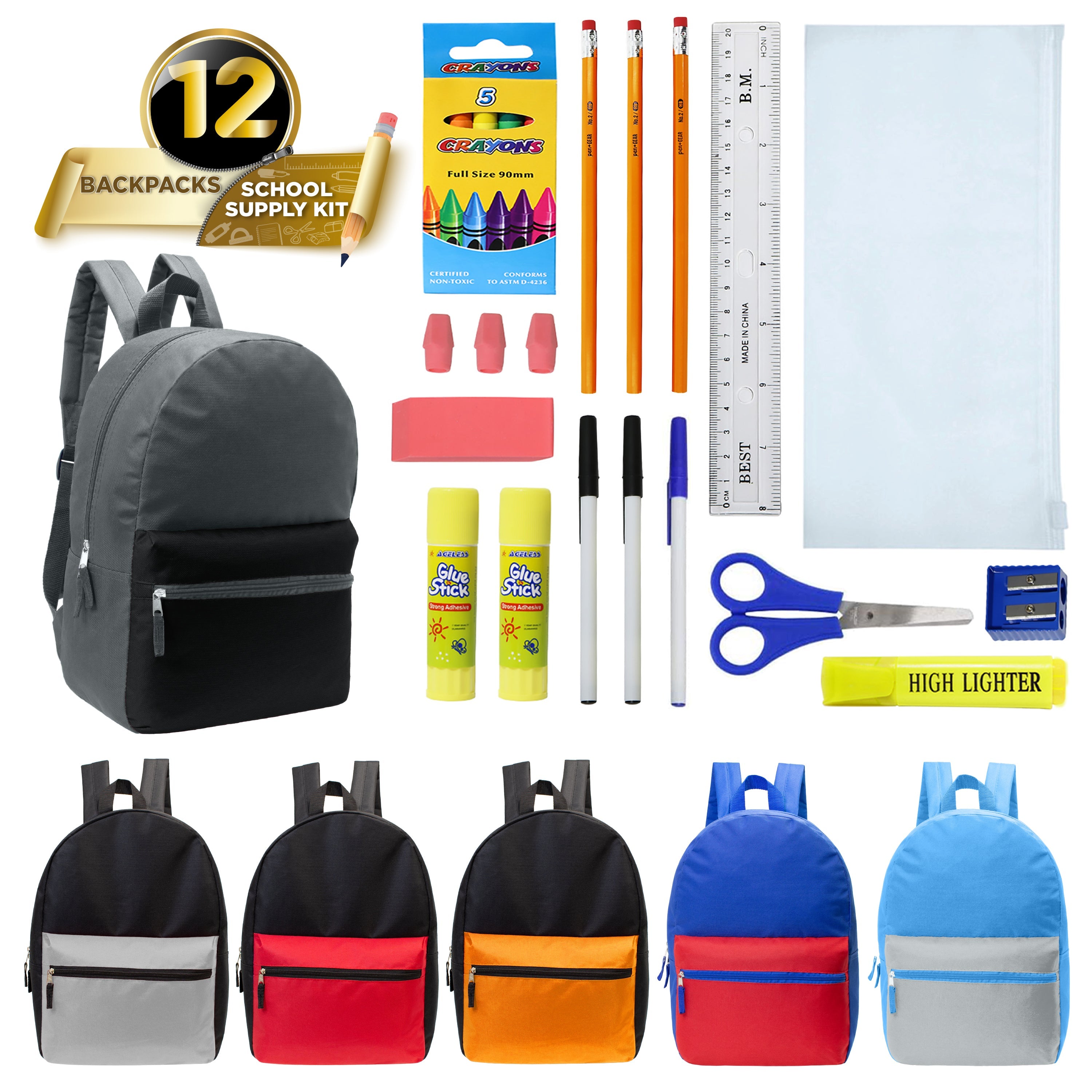12 Multi Color Kids Basic Backpacks in Assorted Colors & 12 Bulk School Supply Kits of Your Choice