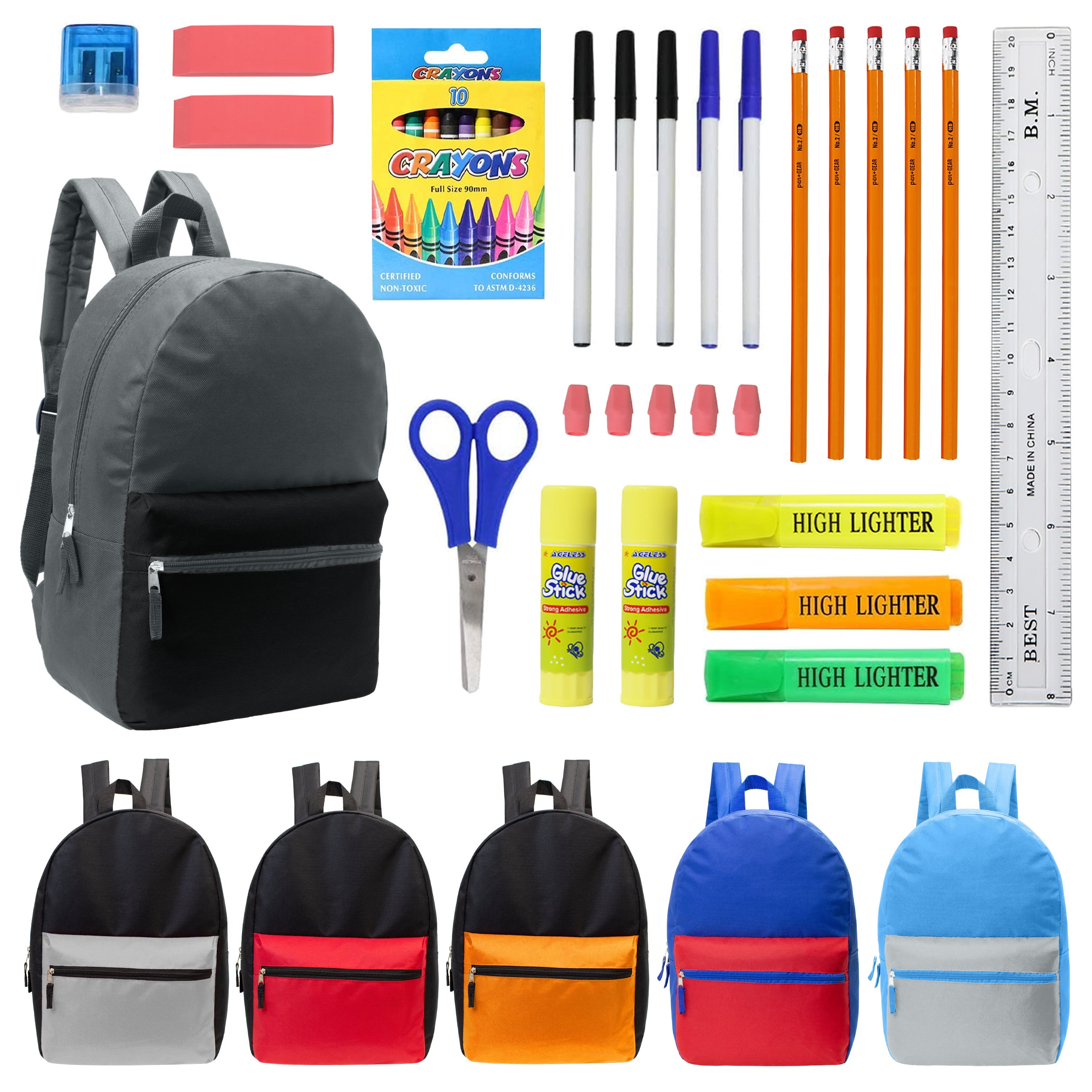 12 Multi Color Kids Basic Backpacks in Assorted Colors & 12 Bulk School Supply Kits of Your Choice