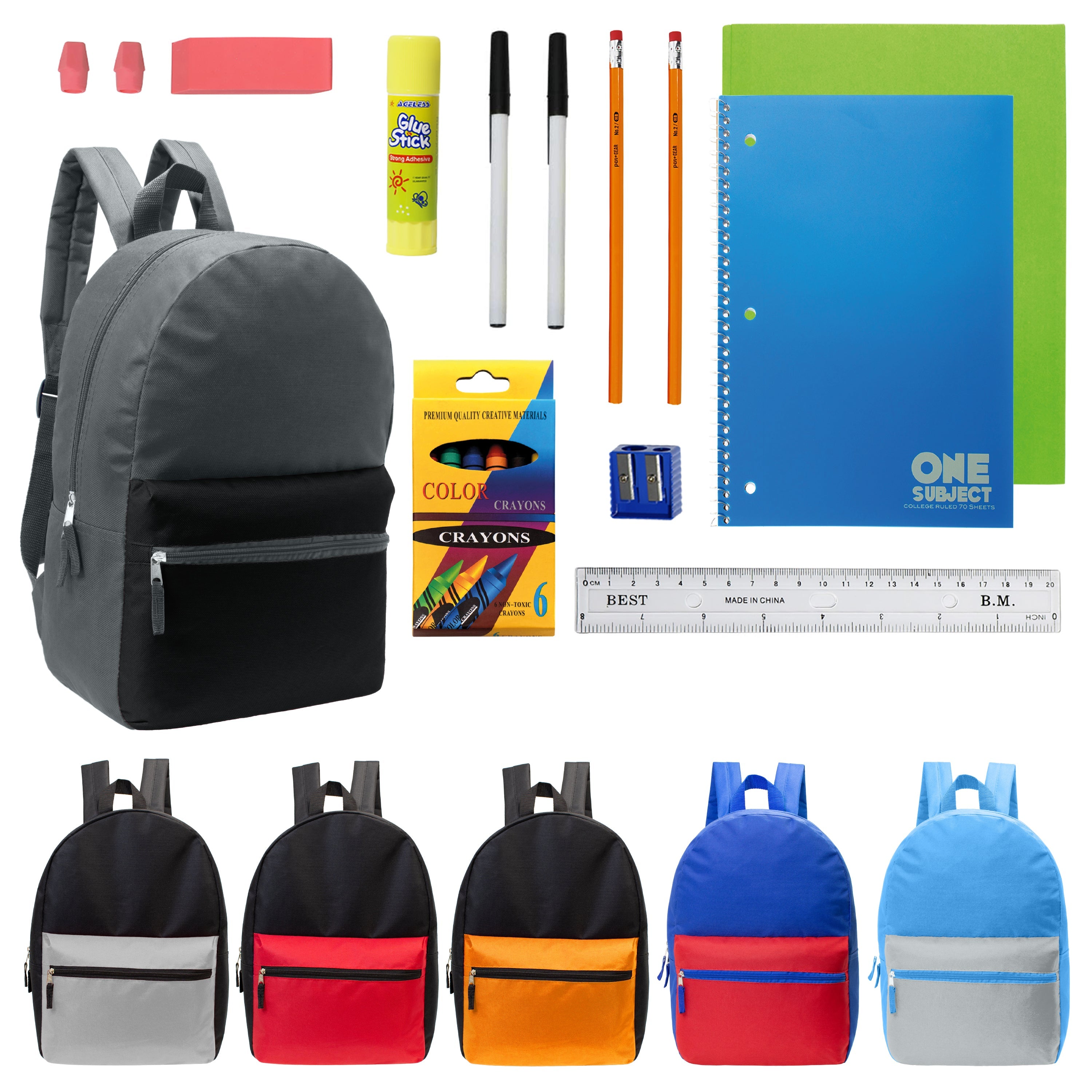12 Multi Color Kids Basic Backpacks in Assorted Colors & 12 Bulk School Supply Kits of Your Choice