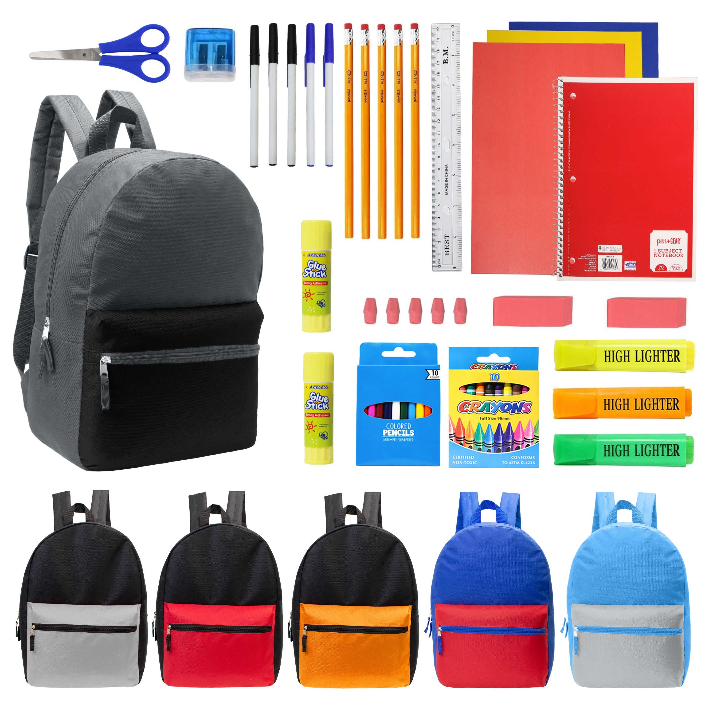 12 Multi Color Kids Basic Backpacks in Assorted Colors & 12 Bulk School Supply Kits of Your Choice