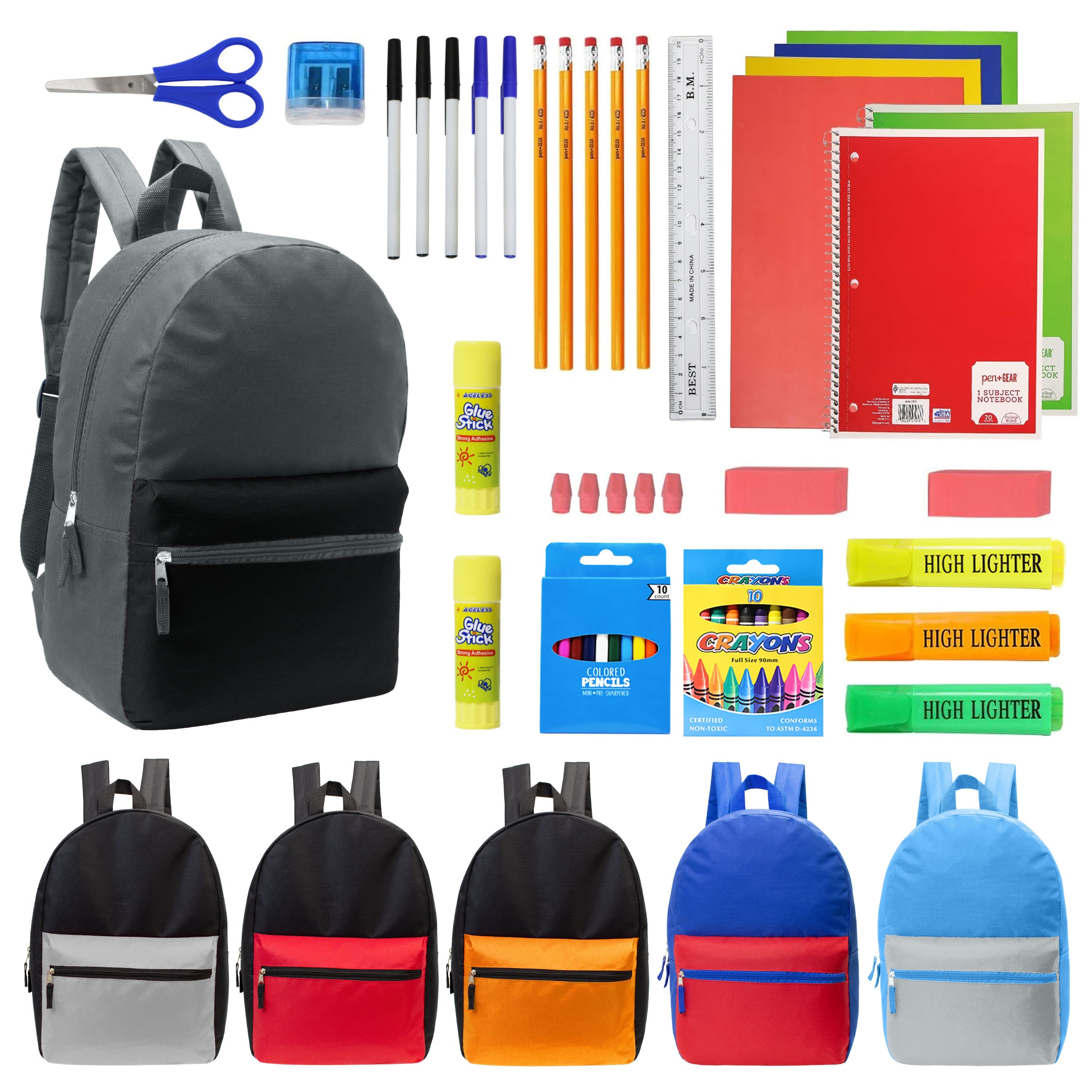 12 Multi Color Kids Basic Backpacks in Assorted Colors & 12 Bulk School Supply Kits of Your Choice