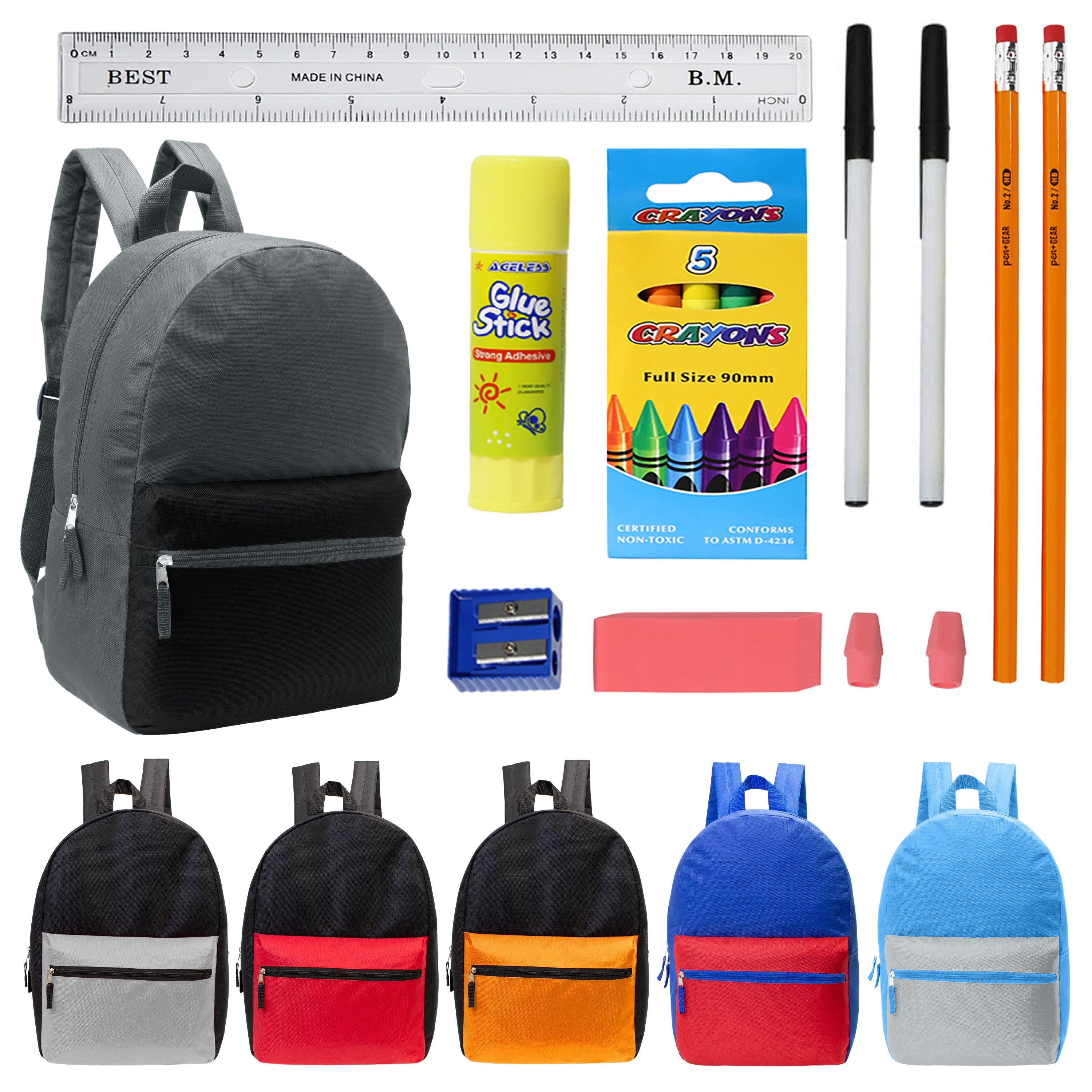 12 Multi Color Kids Basic Backpacks in Assorted Colors & 12 Bulk School Supply Kits of Your Choice