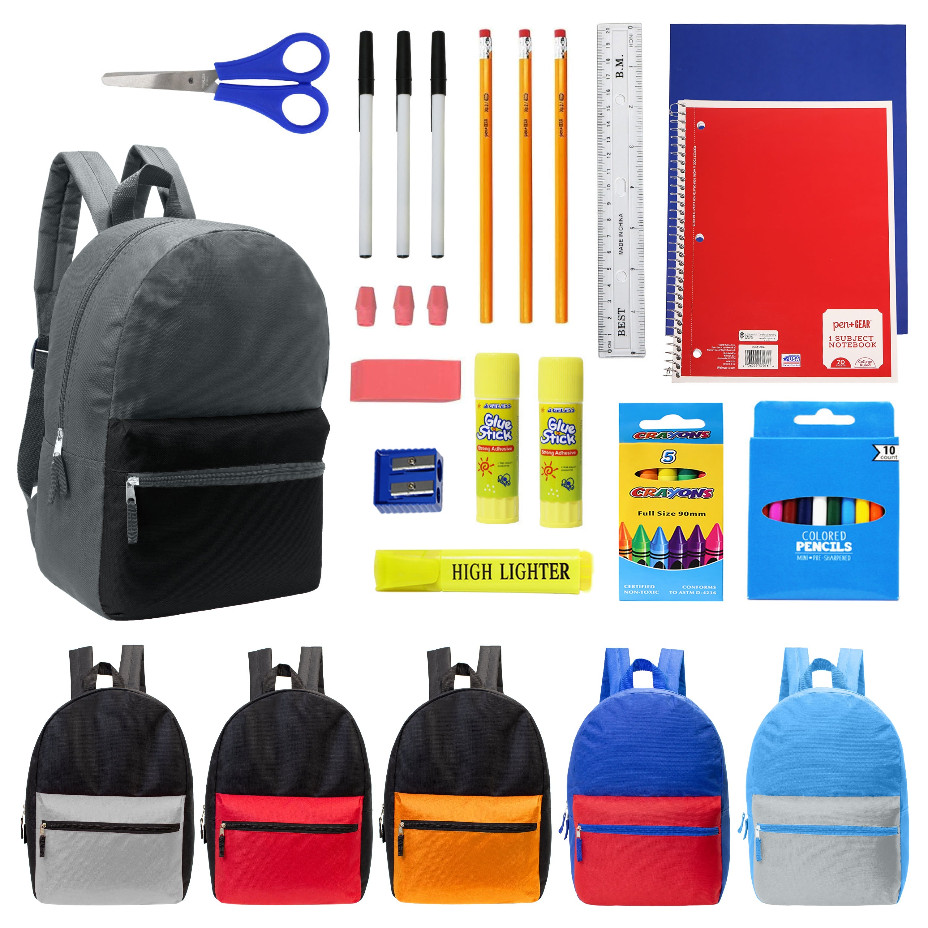12 Multi Color Kids Basic Backpacks in Assorted Colors & 12 Bulk School Supply Kits of Your Choice