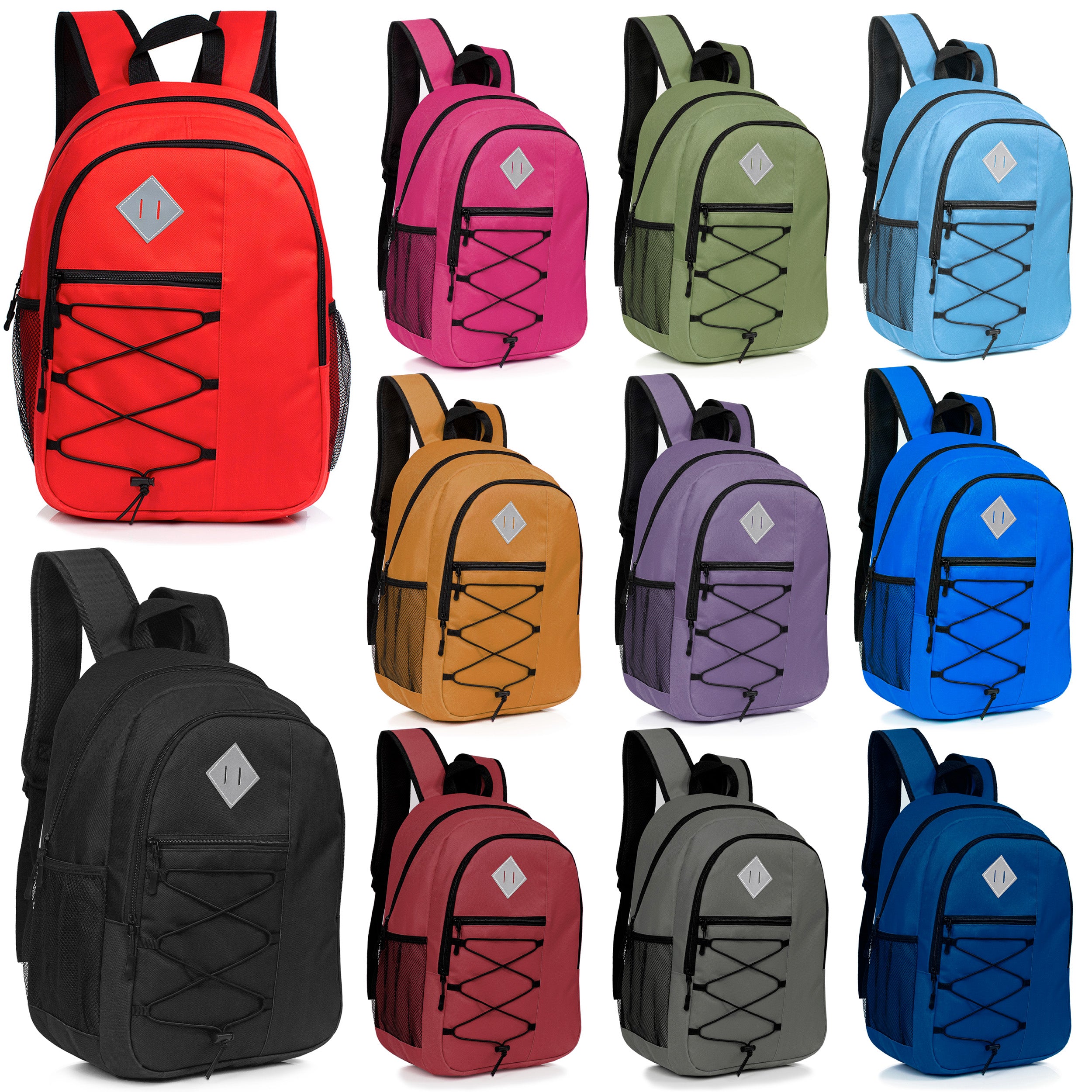 18" Wholesale Backpack - Bungee Design,  Padded Back, Laptop Sleeve - Bulk Case of 24