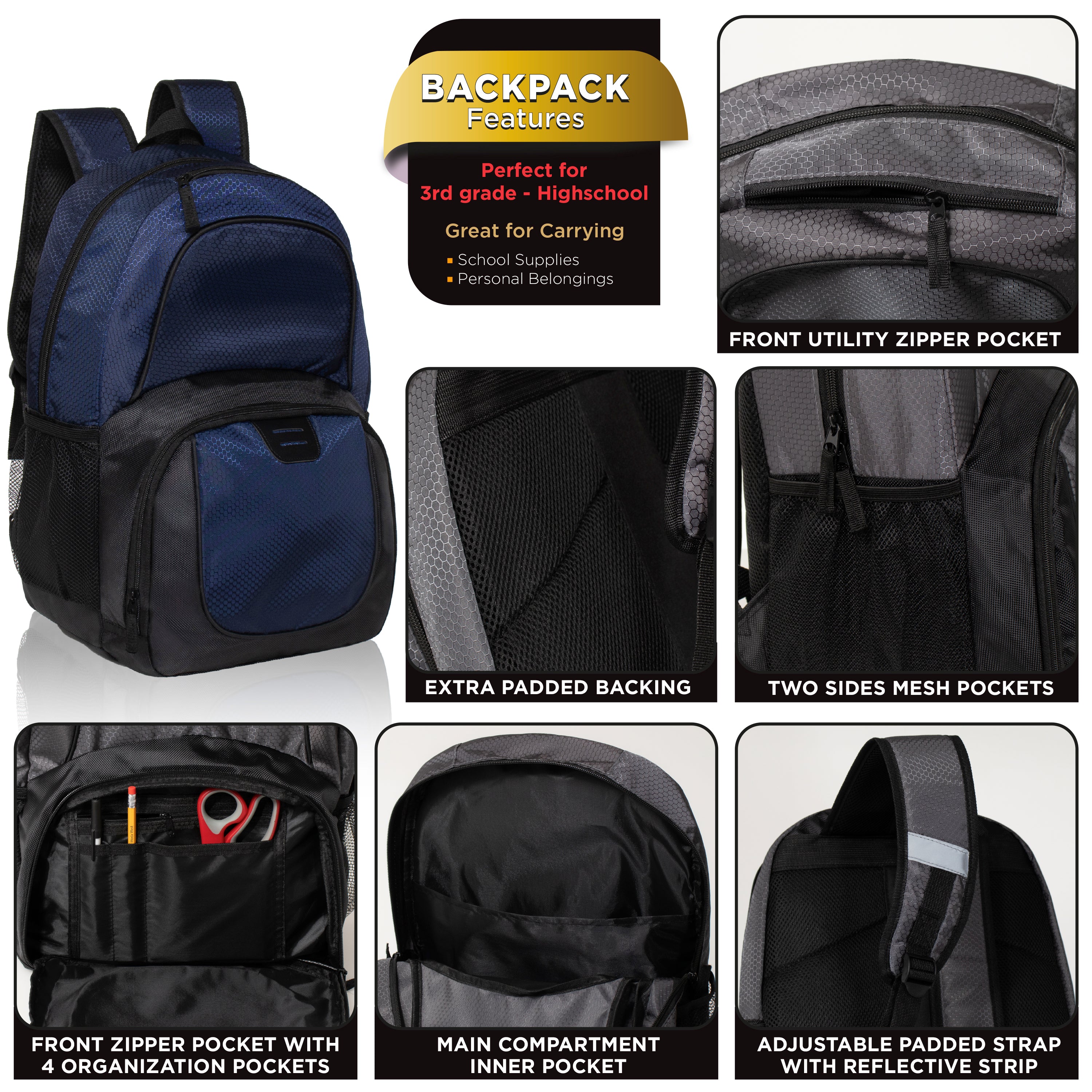 12 Deluxe Wholesale 18" Backpacks w/an Organizer & Laptop Sleeve & 12 Bulk School Supply Kits of Your Choice