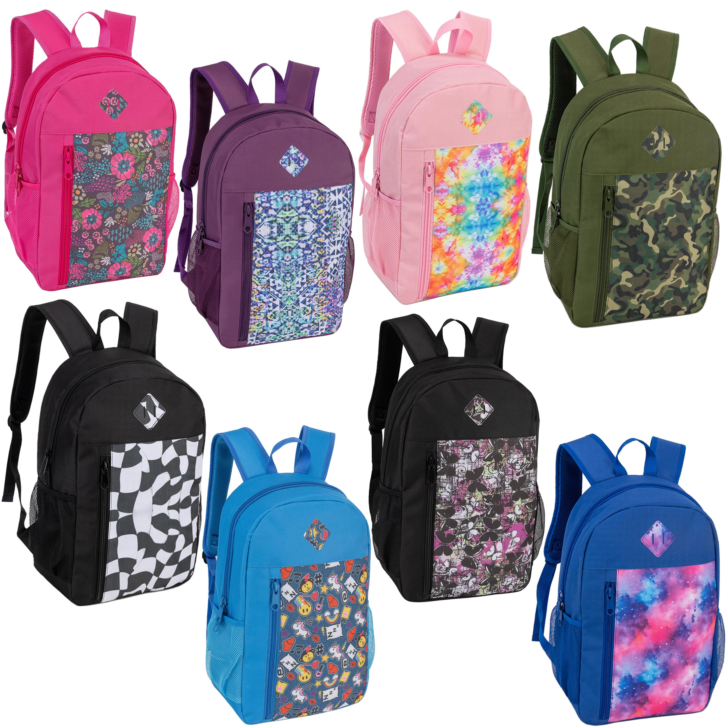 19" Wholesale Backpack in 8 Prints Padded Back - Bulk Case of 24
