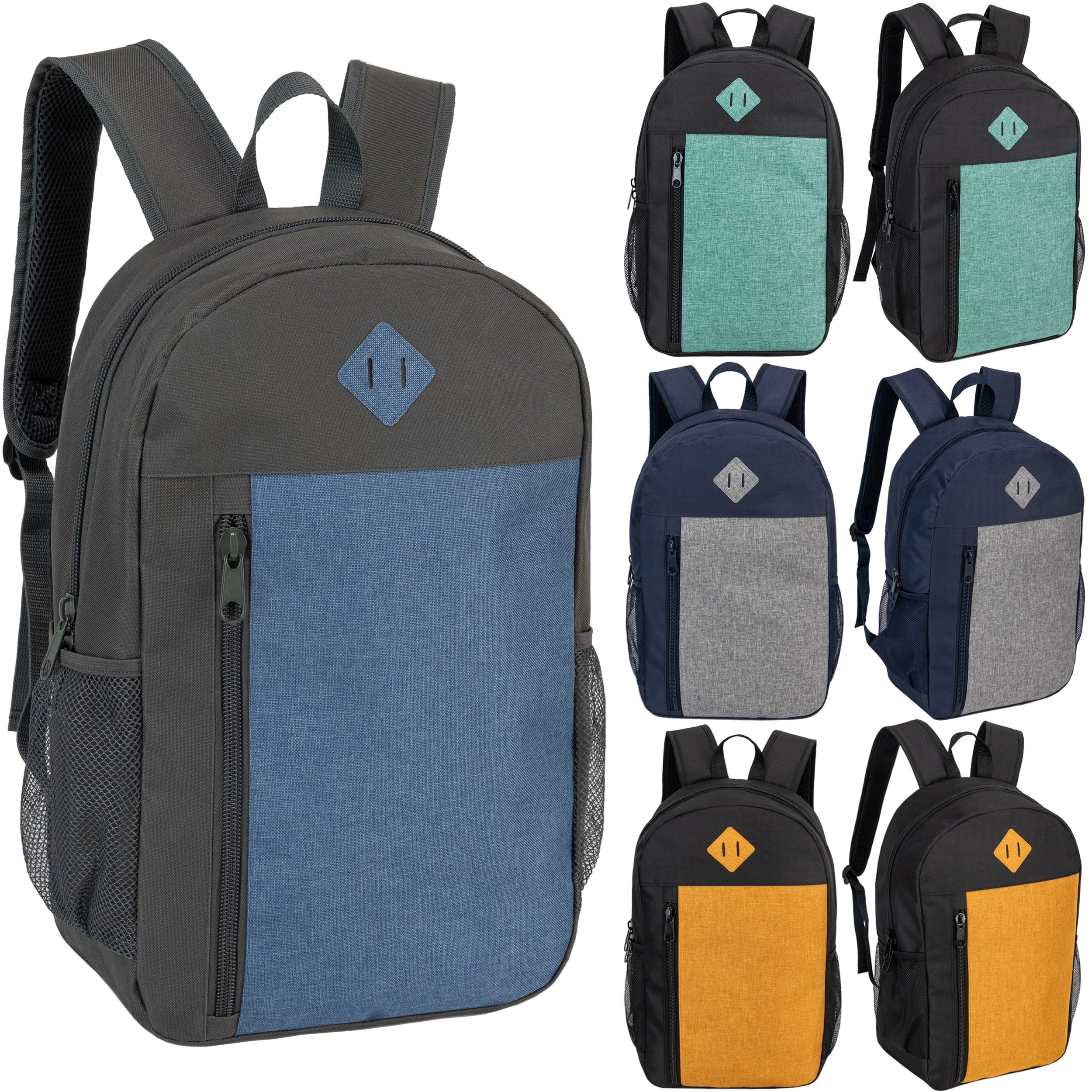 19" Multi Color Wholesale Backpack | Padded Back | Mesh Side Pockets - Bulk Case of 24
