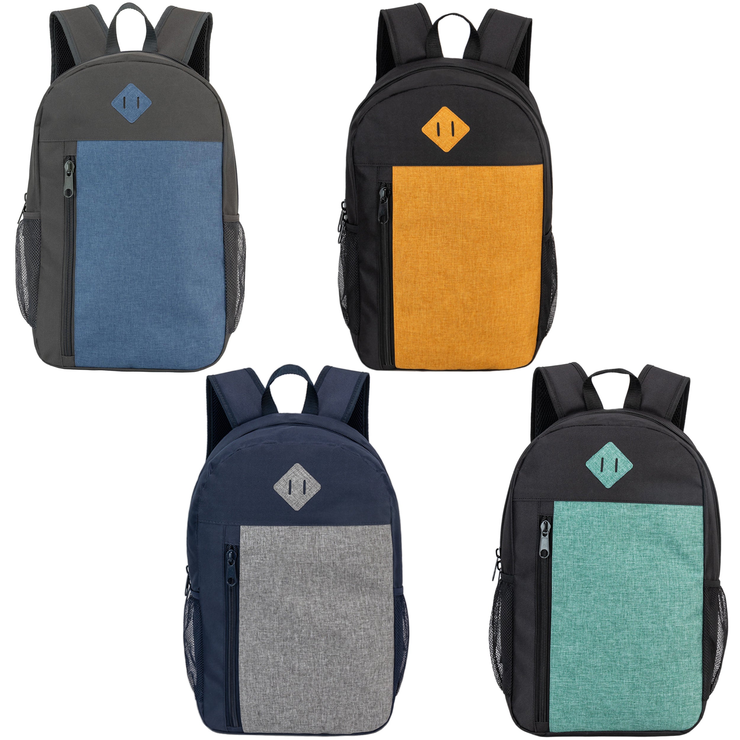 19" Multi Color Wholesale Backpack | Padded Back | Mesh Side Pockets - Bulk Case of 24