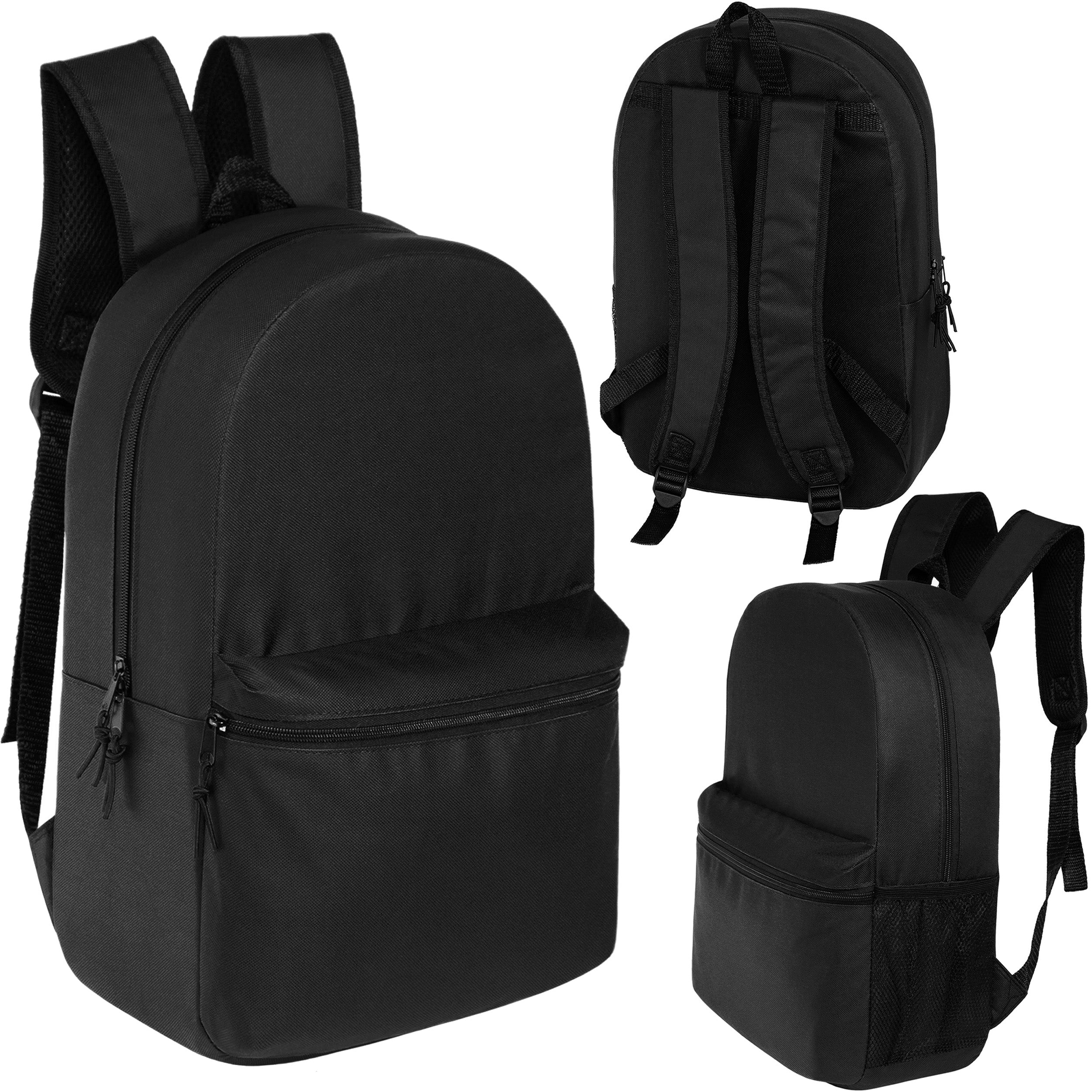 18.5" Basic Wholesale Backpack in Black | Mesh Side Pocket - Bulk Case of 24 Bookbags