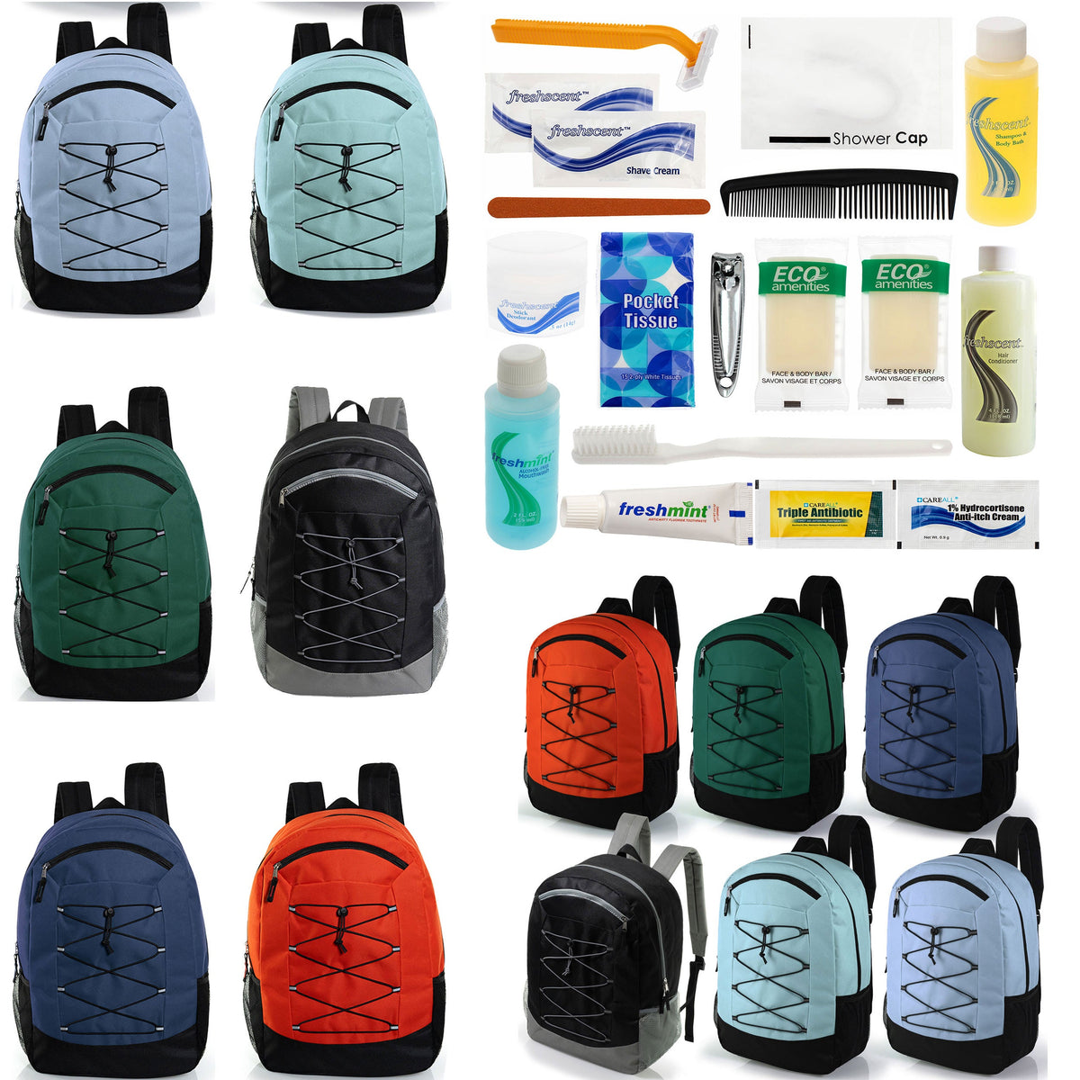 12 Deluxe Padded Large 19" Backpacks with a Laptop Sleeve & Your Choice of 12 Bulk Hygiene Kits - Wholesale Care Package: Homeless, Emergency, Charity