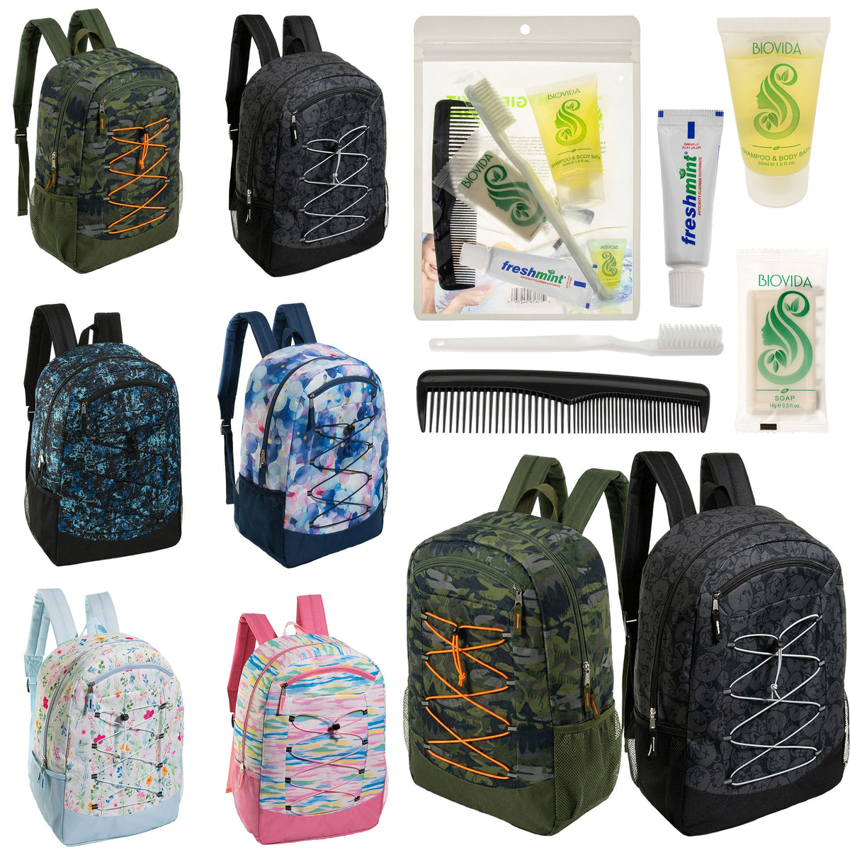 12 Large Premium Padded 19" Patterned Backpacks with a Laptop Sleeve & Your Choice of 12 Bulk Hygiene Kits - Wholesale Care Package: Homeless, Emergency, Charity