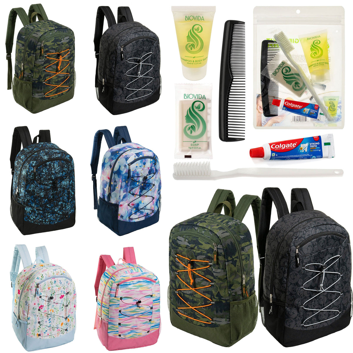 12 Large Premium Padded 19" Patterned Backpacks with a Laptop Sleeve & Your Choice of 12 Bulk Hygiene Kits - Wholesale Care Package: Homeless, Emergency, Charity