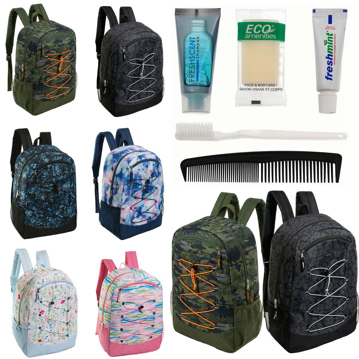 12 Large Premium Padded 19" Patterned Backpacks with a Laptop Sleeve & Your Choice of 12 Bulk Hygiene Kits - Wholesale Care Package: Homeless, Emergency, Charity