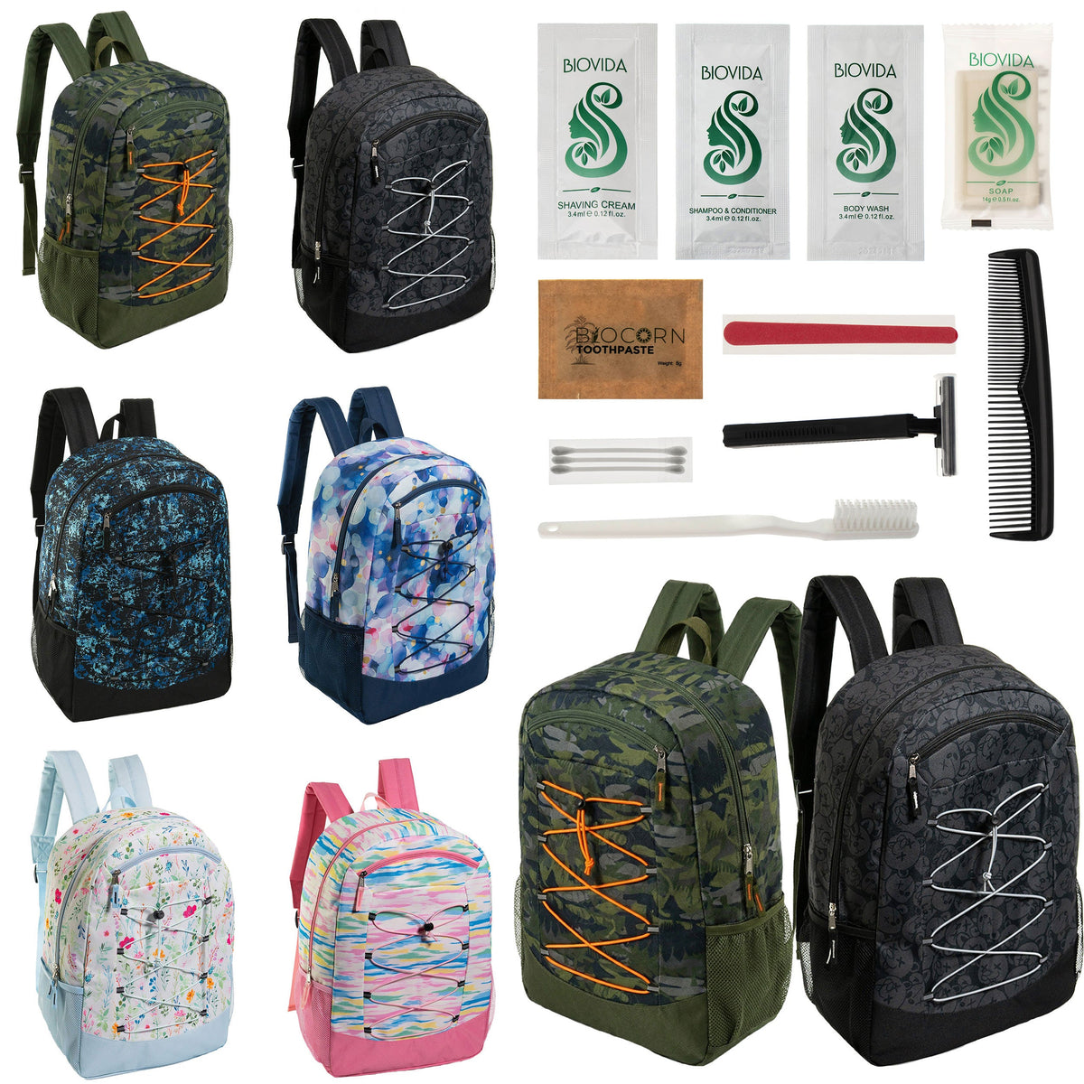 12 Large Premium Padded 19" Patterned Backpacks with a Laptop Sleeve & Your Choice of 12 Bulk Hygiene Kits - Wholesale Care Package: Homeless, Emergency, Charity