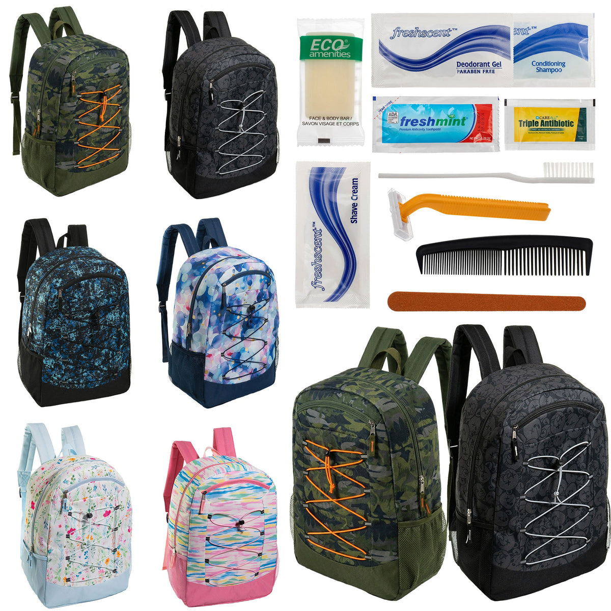 12 Large Premium Padded 19" Patterned Backpacks with a Laptop Sleeve & Your Choice of 12 Bulk Hygiene Kits - Wholesale Care Package: Homeless, Emergency, Charity
