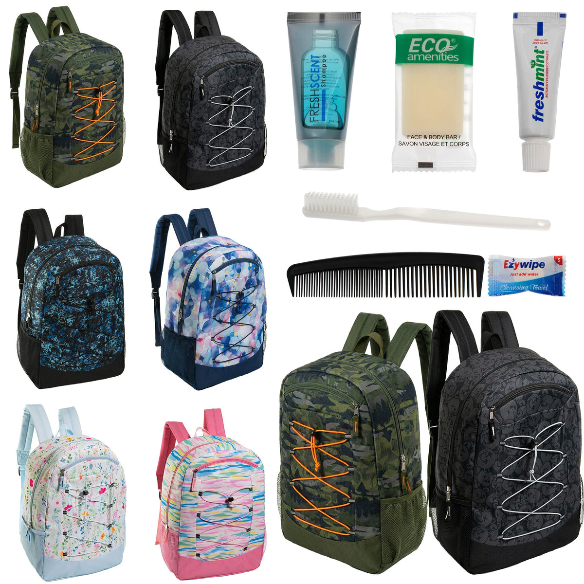 12 Large Premium Padded 19" Patterned Backpacks with a Laptop Sleeve & Your Choice of 12 Bulk Hygiene Kits - Wholesale Care Package: Homeless, Emergency, Charity
