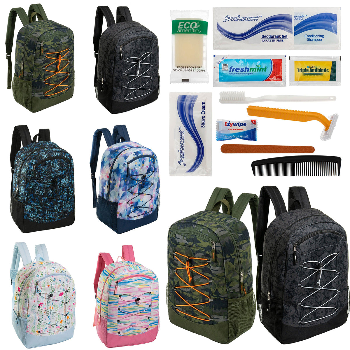 12 Large Premium Padded 19" Patterned Backpacks with a Laptop Sleeve & Your Choice of 12 Bulk Hygiene Kits - Wholesale Care Package: Homeless, Emergency, Charity