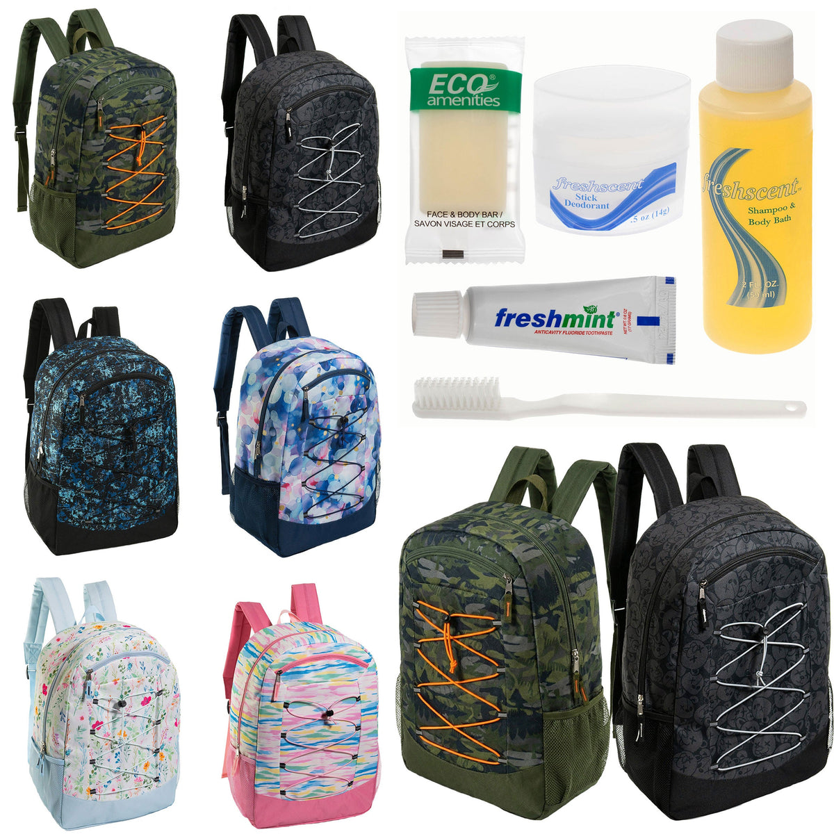 12 Large Premium Padded 19" Patterned Backpacks with a Laptop Sleeve & Your Choice of 12 Bulk Hygiene Kits - Wholesale Care Package: Homeless, Emergency, Charity