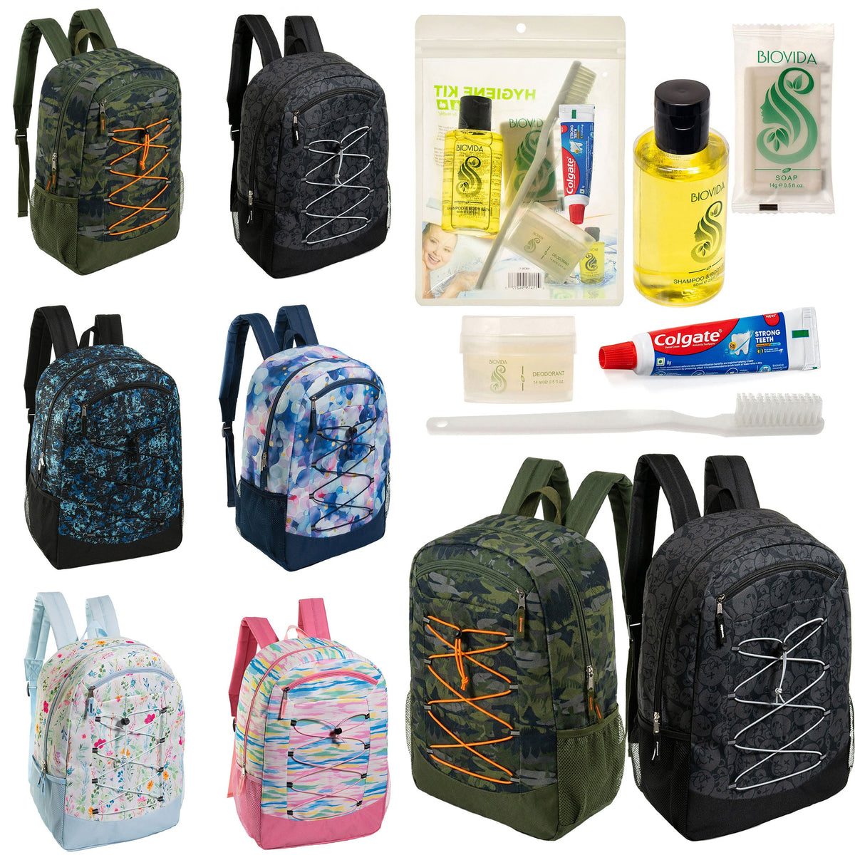 12 Large Premium Padded 19" Patterned Backpacks with a Laptop Sleeve & Your Choice of 12 Bulk Hygiene Kits - Wholesale Care Package: Homeless, Emergency, Charity