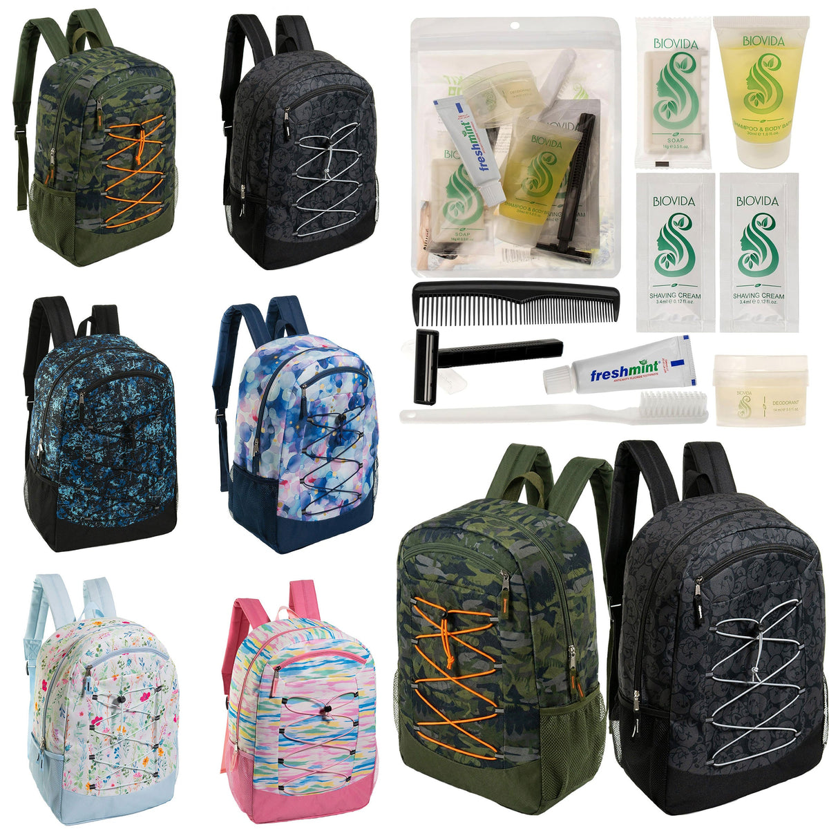 12 Large Premium Padded 19" Patterned Backpacks with a Laptop Sleeve & Your Choice of 12 Bulk Hygiene Kits - Wholesale Care Package: Homeless, Emergency, Charity