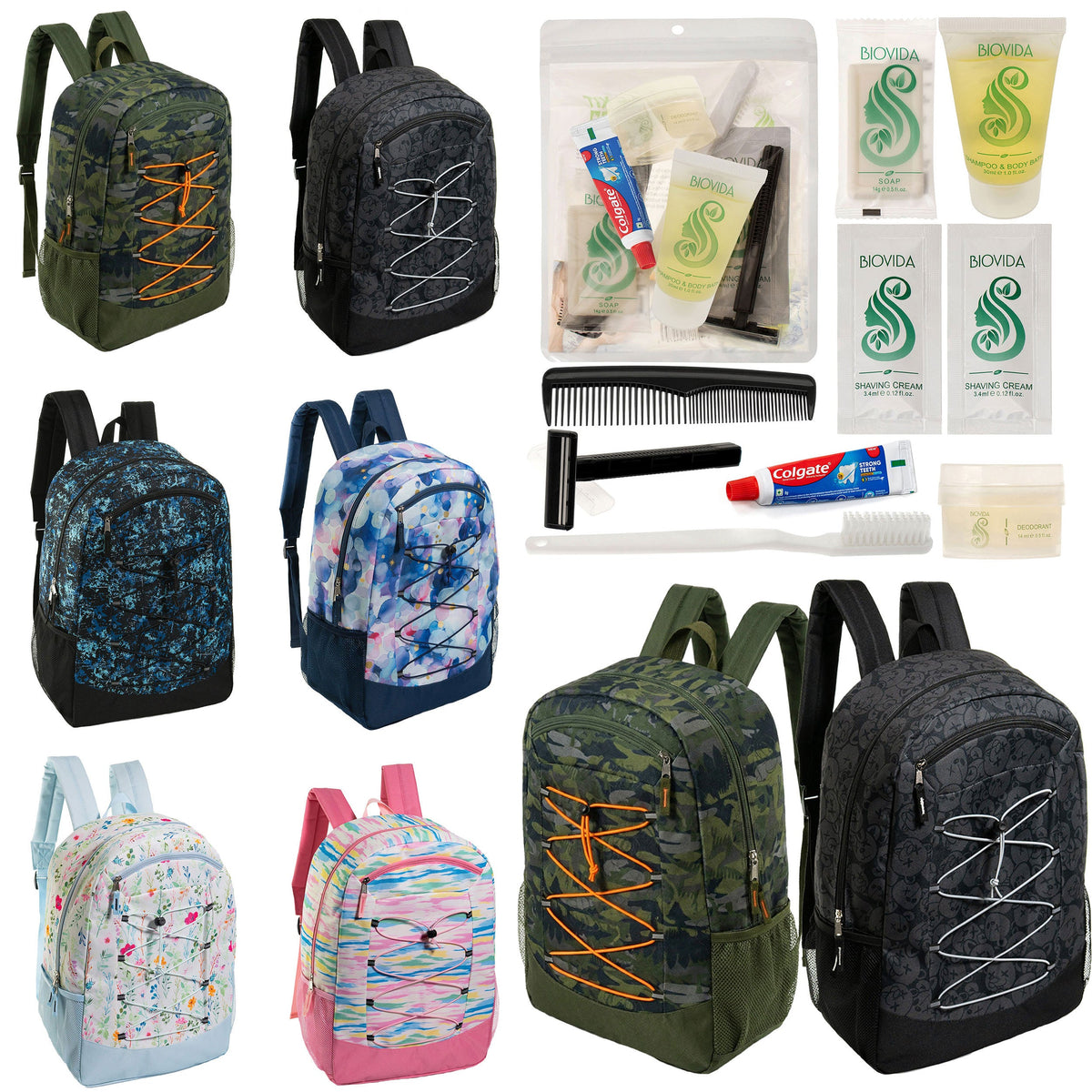 12 Large Premium Padded 19" Patterned Backpacks with a Laptop Sleeve & Your Choice of 12 Bulk Hygiene Kits - Wholesale Care Package: Homeless, Emergency, Charity
