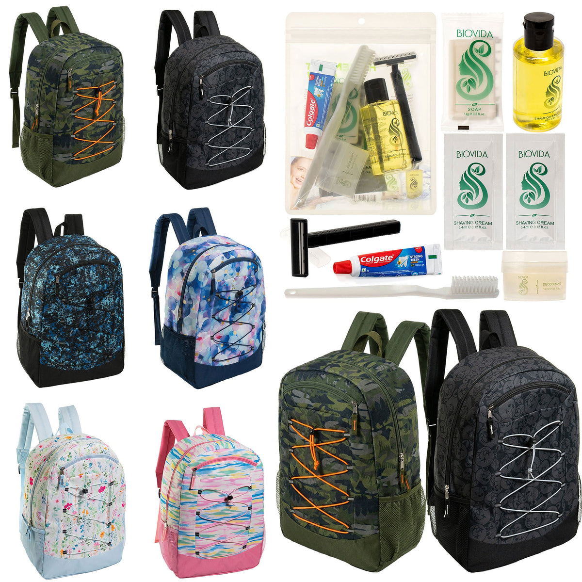 12 Large Premium Padded 19" Patterned Backpacks with a Laptop Sleeve & Your Choice of 12 Bulk Hygiene Kits - Wholesale Care Package: Homeless, Emergency, Charity