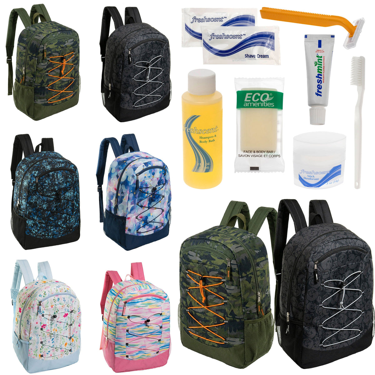 12 Large Premium Padded 19" Patterned Backpacks with a Laptop Sleeve & Your Choice of 12 Bulk Hygiene Kits - Wholesale Care Package: Homeless, Emergency, Charity