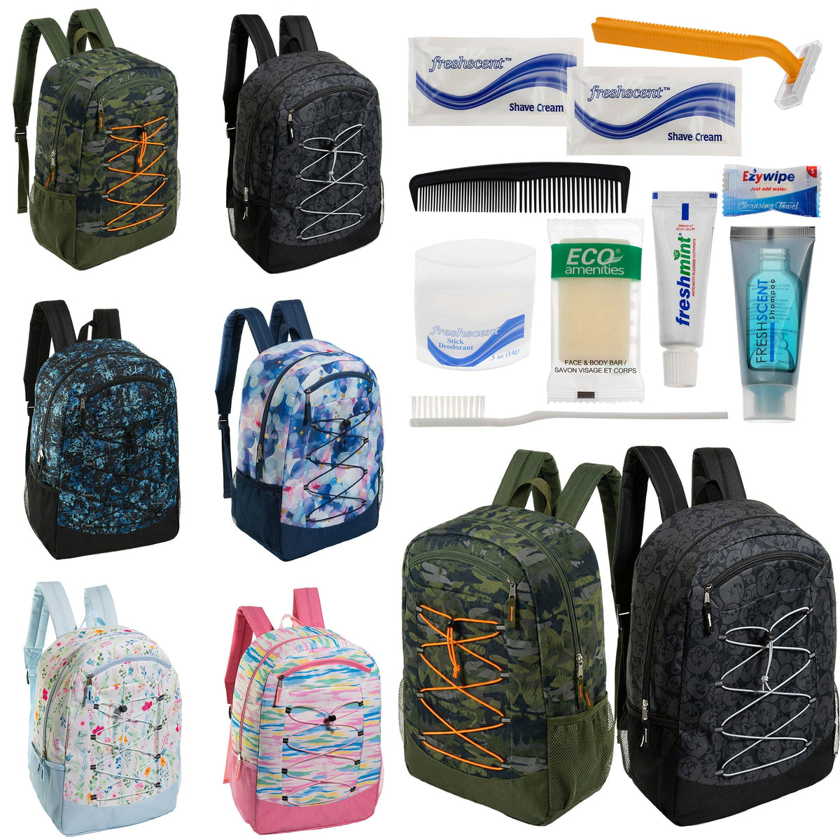 12 Large Premium Padded 19" Patterned Backpacks with a Laptop Sleeve & Your Choice of 12 Bulk Hygiene Kits - Wholesale Care Package: Homeless, Emergency, Charity