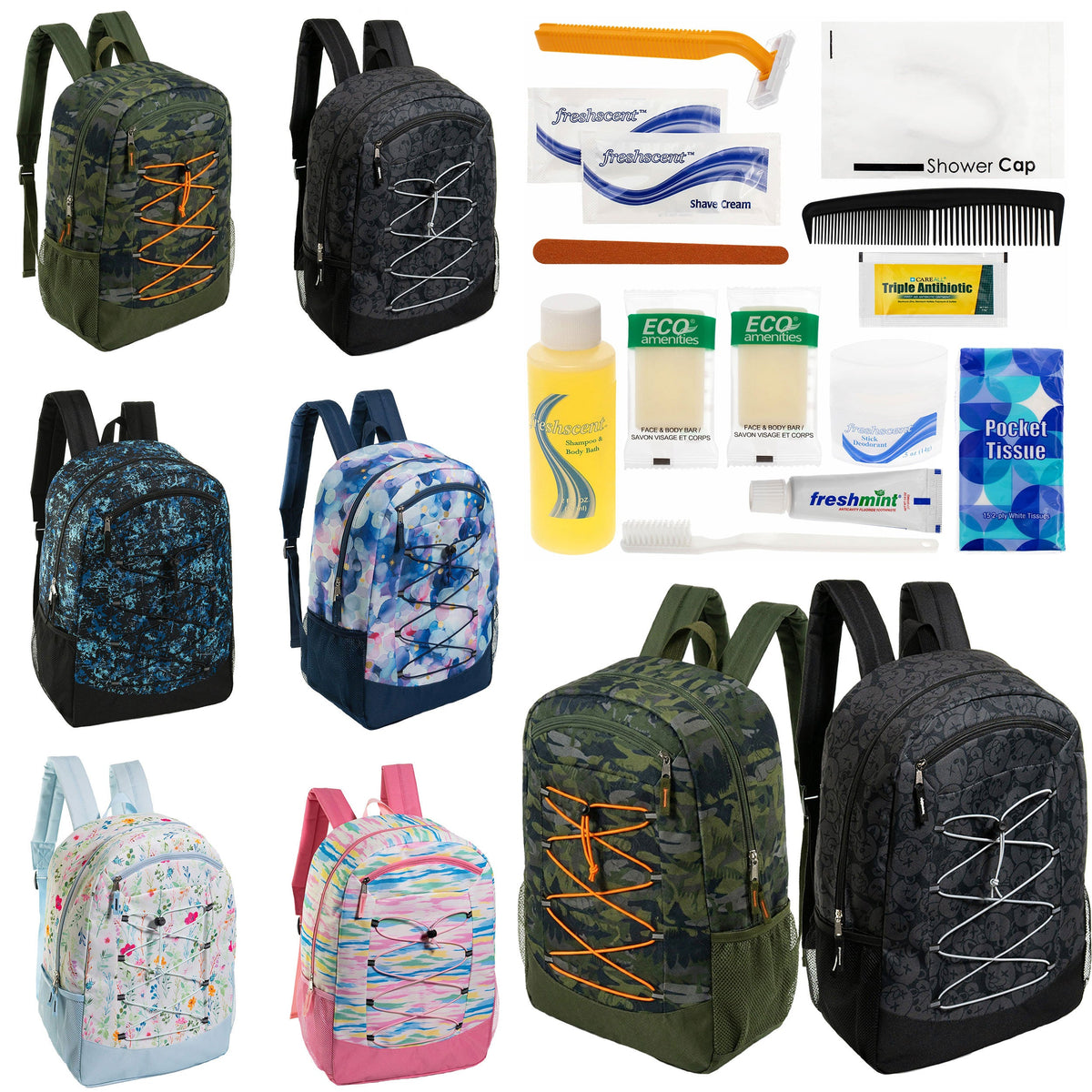 12 Large Premium Padded 19" Patterned Backpacks with a Laptop Sleeve & Your Choice of 12 Bulk Hygiene Kits - Wholesale Care Package: Homeless, Emergency, Charity