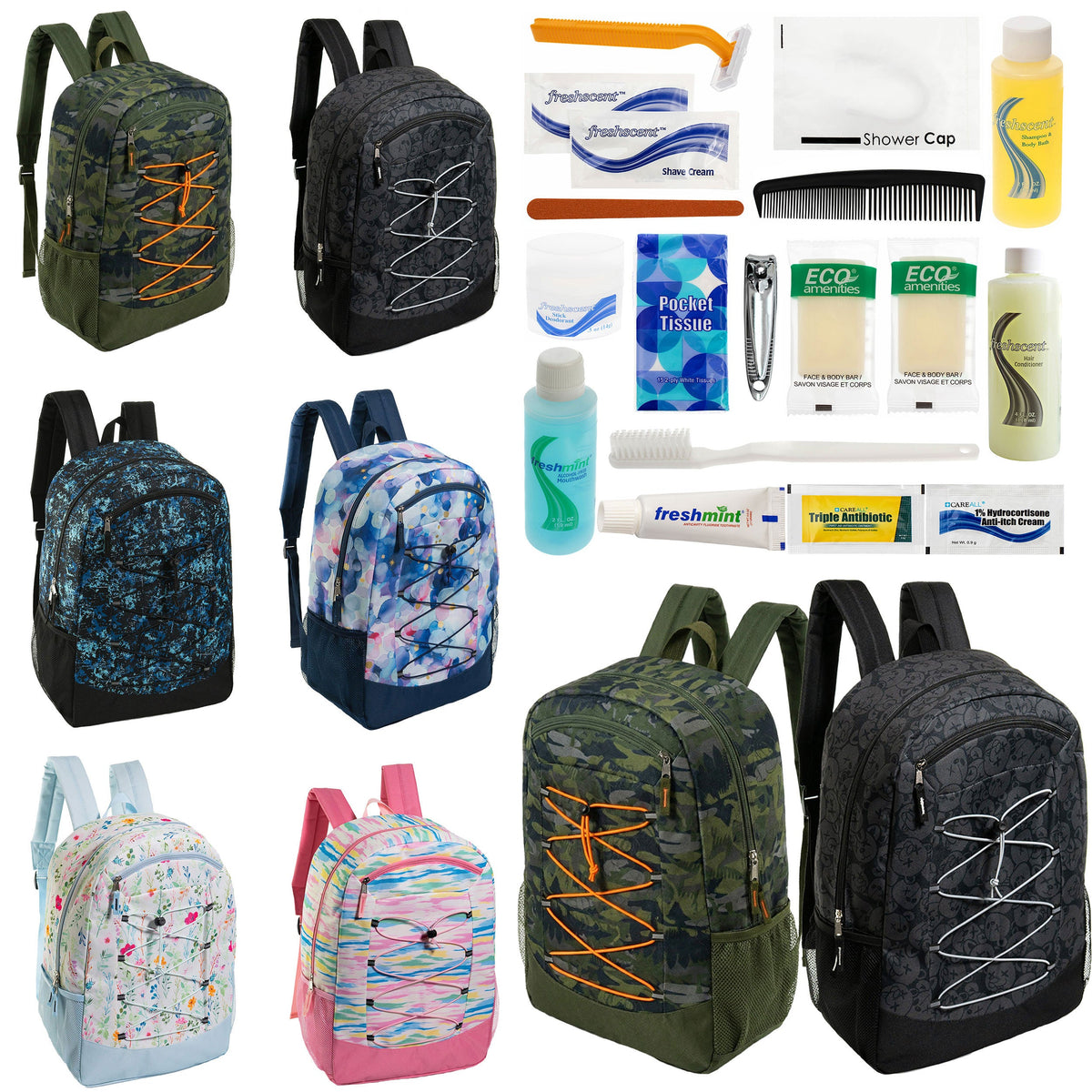 12 Large Premium Padded 19" Patterned Backpacks with a Laptop Sleeve & Your Choice of 12 Bulk Hygiene Kits - Wholesale Care Package: Homeless, Emergency, Charity