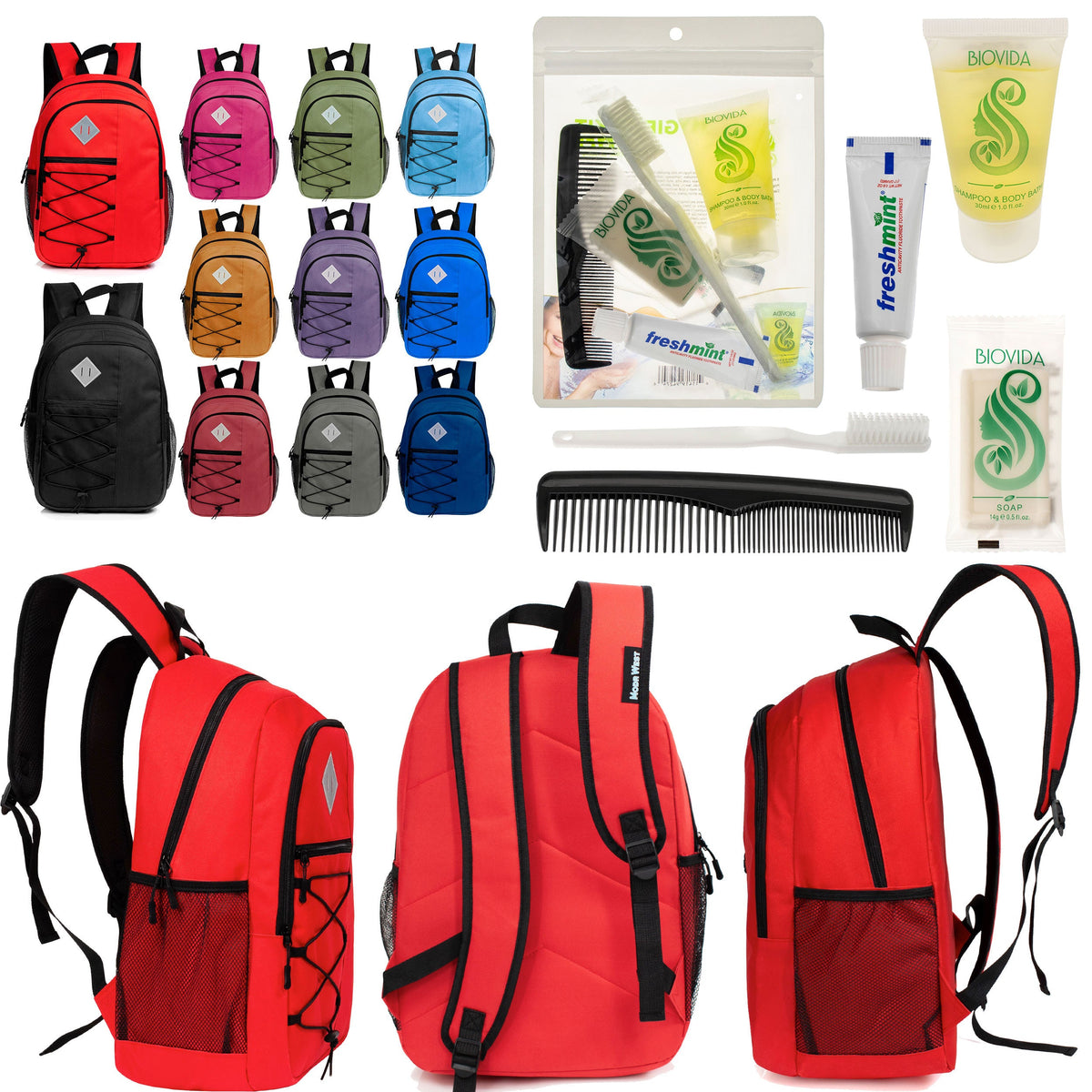 12 Large 18" Deluxe Backpacks - Padded Back and Laptop Sleeve & Your Choice of 12 Bulk Hygiene Kits - Wholesale Care Package: Homeless, Emergency, Charity